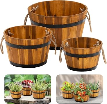 Set of 3 Wooden Flower Boxes Outdoor, Durable Acacia Wood Barrel Planters for Outdoor Plants with Ergonomic Handles, Drainage Holes, Multiple Sizes Wood Bucket Planter for Home Decor