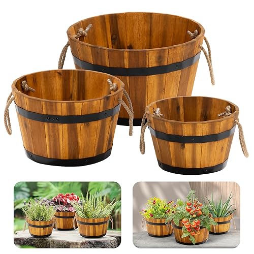 Set of 3 Wooden Flower Boxes Outdoor, Durable Acacia Wood