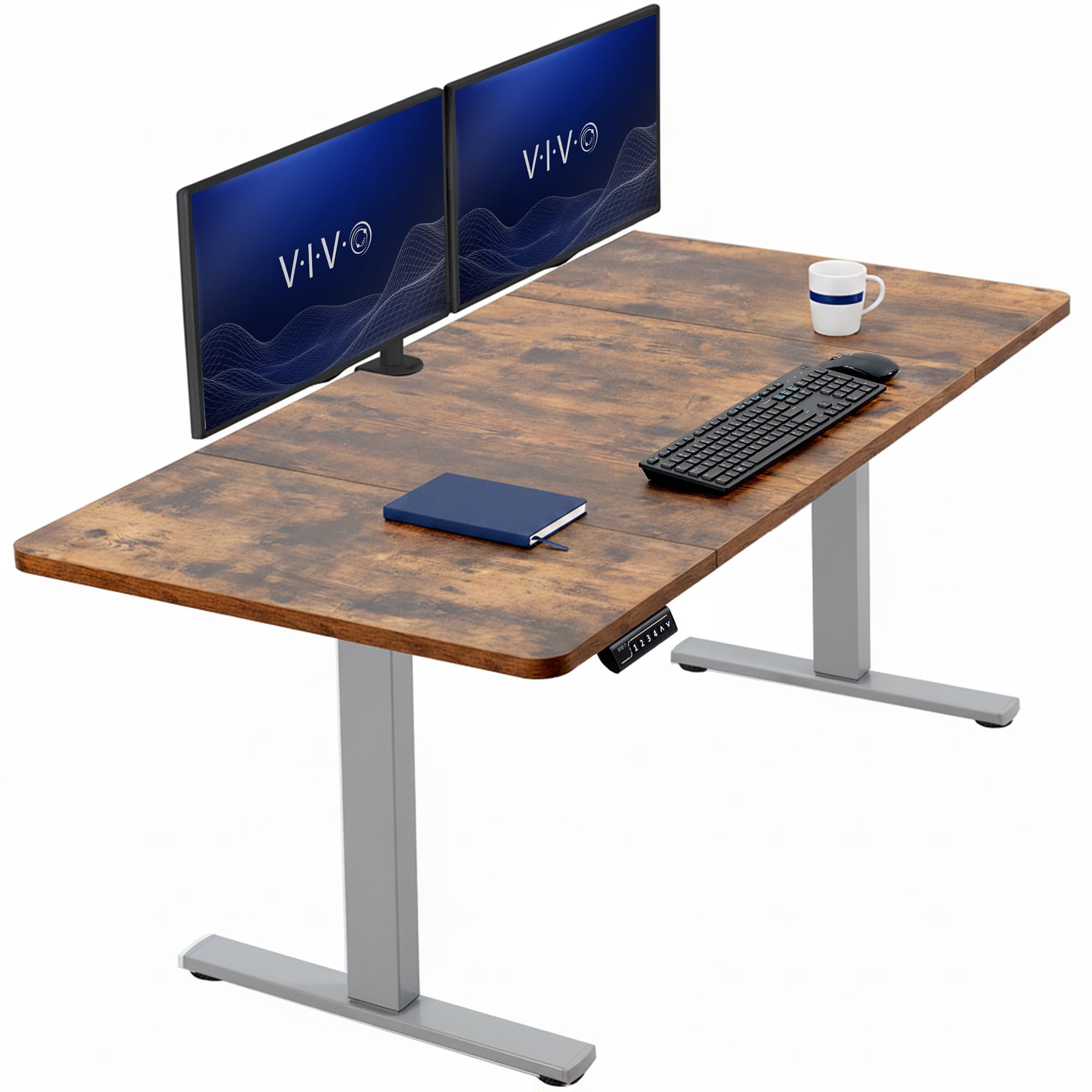 VIVO Rustic Vintage Brown 60 x 30 in Standing Desk, DESK-KIT-1G6N-30 | Electric, Holds 220 lbs, Sit Stand, Height Adjustable, Extra Deep Table Top, Memory Presets, 1B Series, Gray Frame