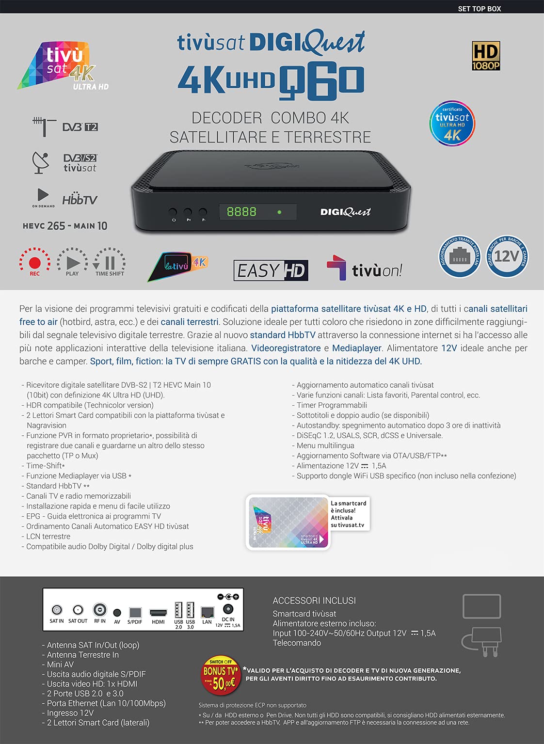 TiVuSat Karta 4K UHD + DIGIQuest Q90 Combo Receiver 4K H.265 S2+T2 HEVC Set-Top Box, certyfikowany odbiornik TiVuSat z kartą (nie jest aktywowana), odtwarzacz multimedialny, radio internetowe, USB PVR