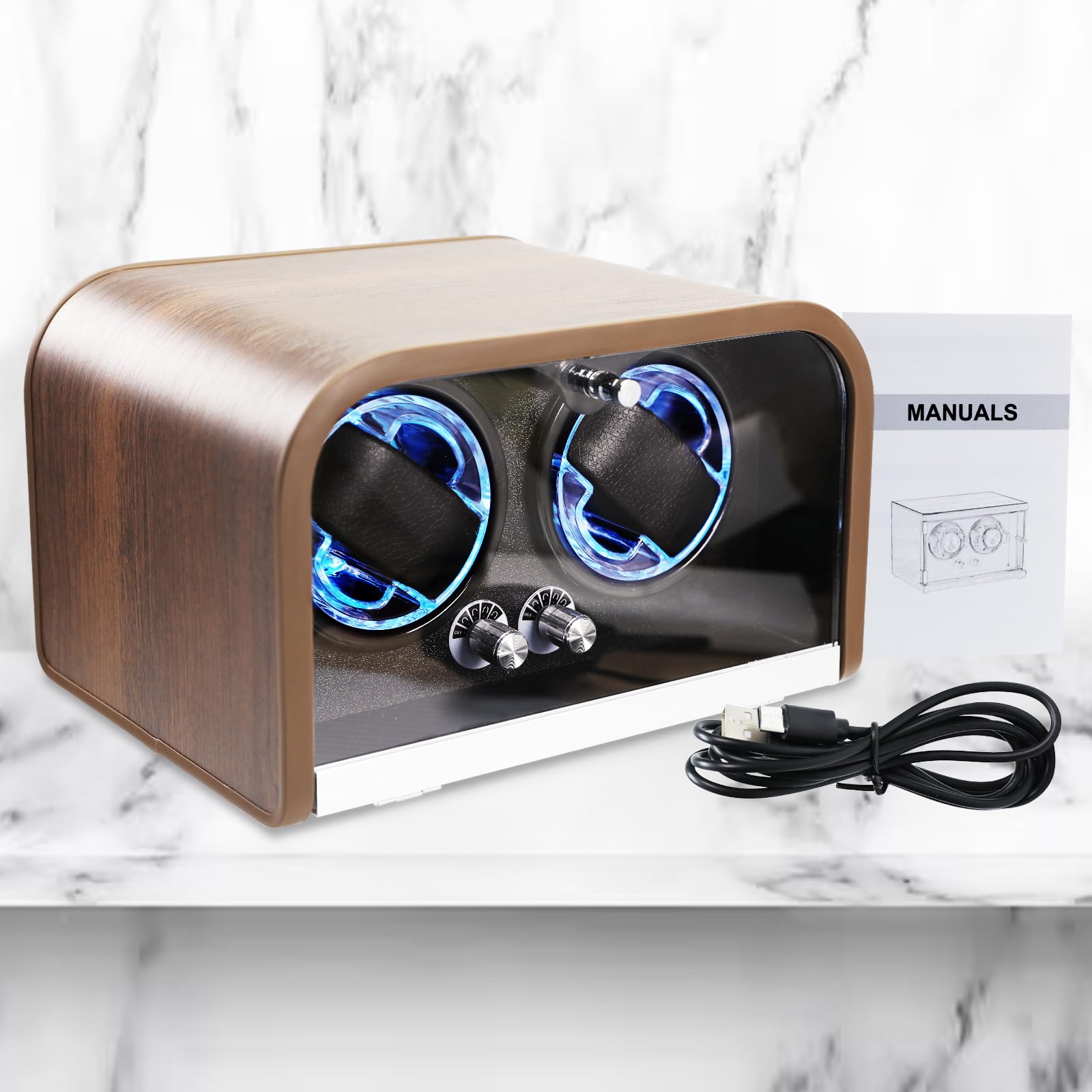 Remontoir Automatique pour Deux Montres Automatiques – 4 Modes de Rotation | Technologie Smart Stop, Écran LED Bleu, Mousse à Mémoire de Forme et Coffret en Bois pour Montres Automatiques de Luxe
