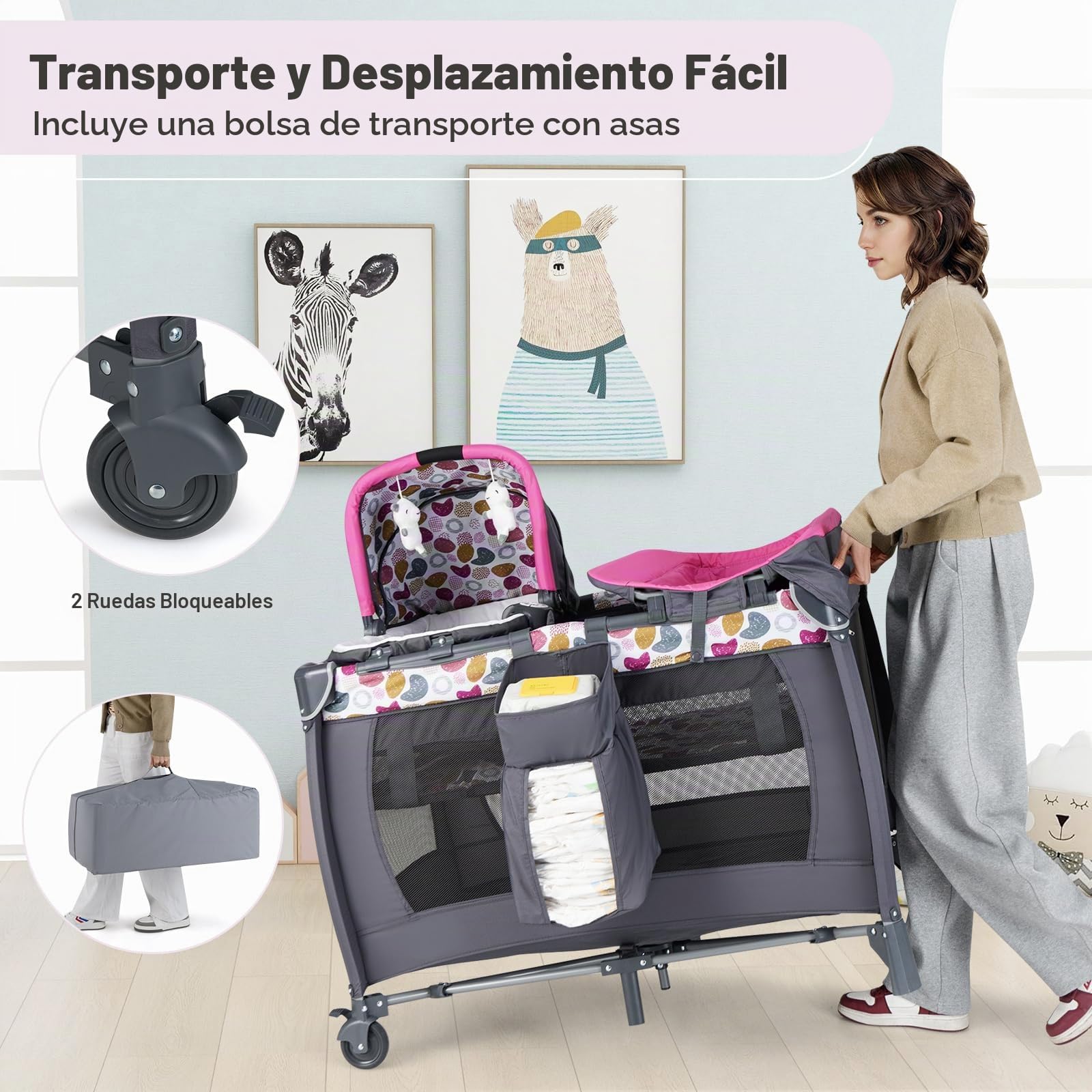 RELAX4LIFE 5 en 1 Cuna con Cambiador, Moisés, Juguetes Colgantes, Caja de Música, Bolsa de Transporte y Altura Ajustable, Cuna de Viaje Plegable, Parque Infantil para Bebé 0-3 Años (Rosa Fuerte)