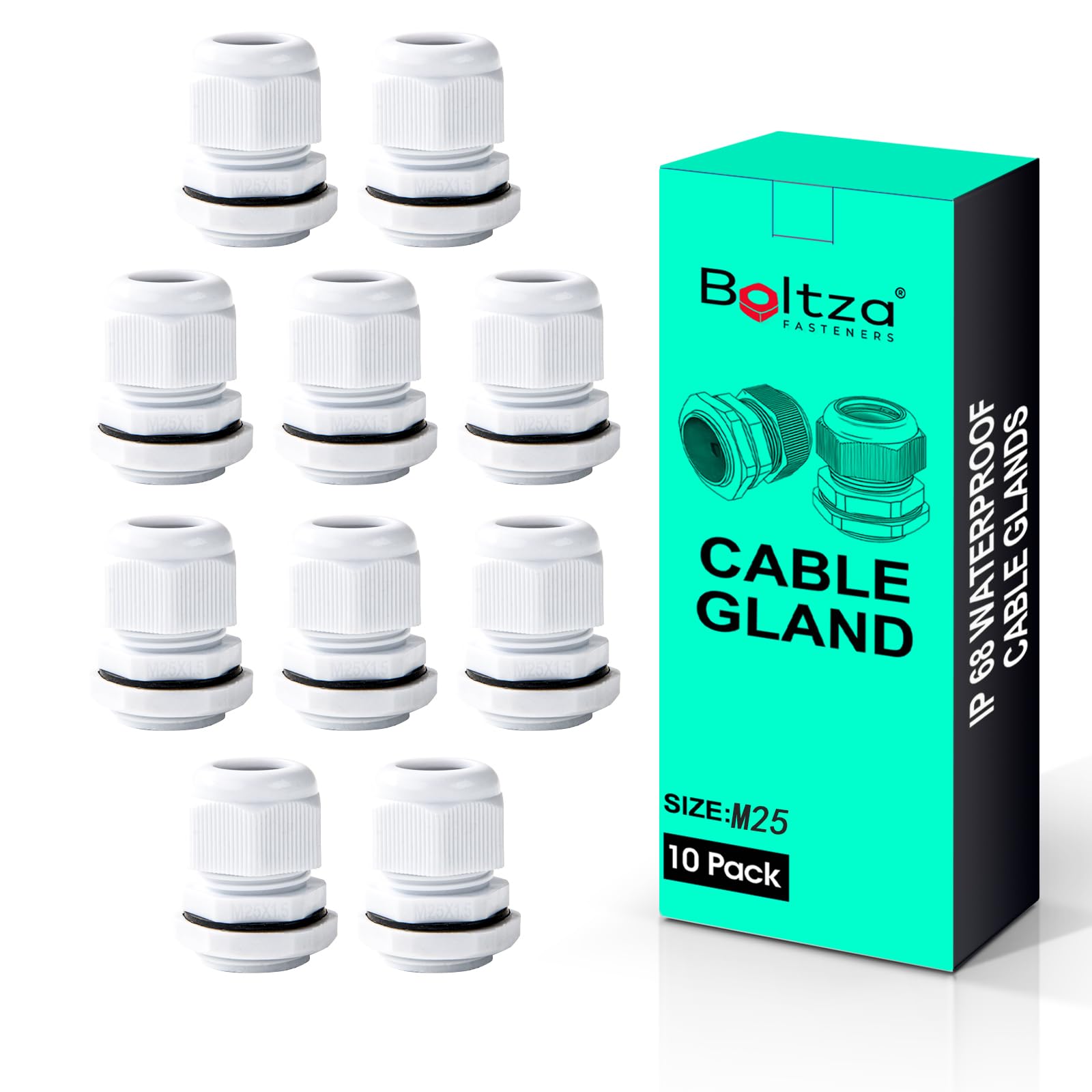 Boltza® White Nylon Cable Gland – IP68 Waterproof Cable Connector for Electrical Enclosures, Junction Boxes, Outdoor Use – Conduit Gland – 10 Pack (M25)
