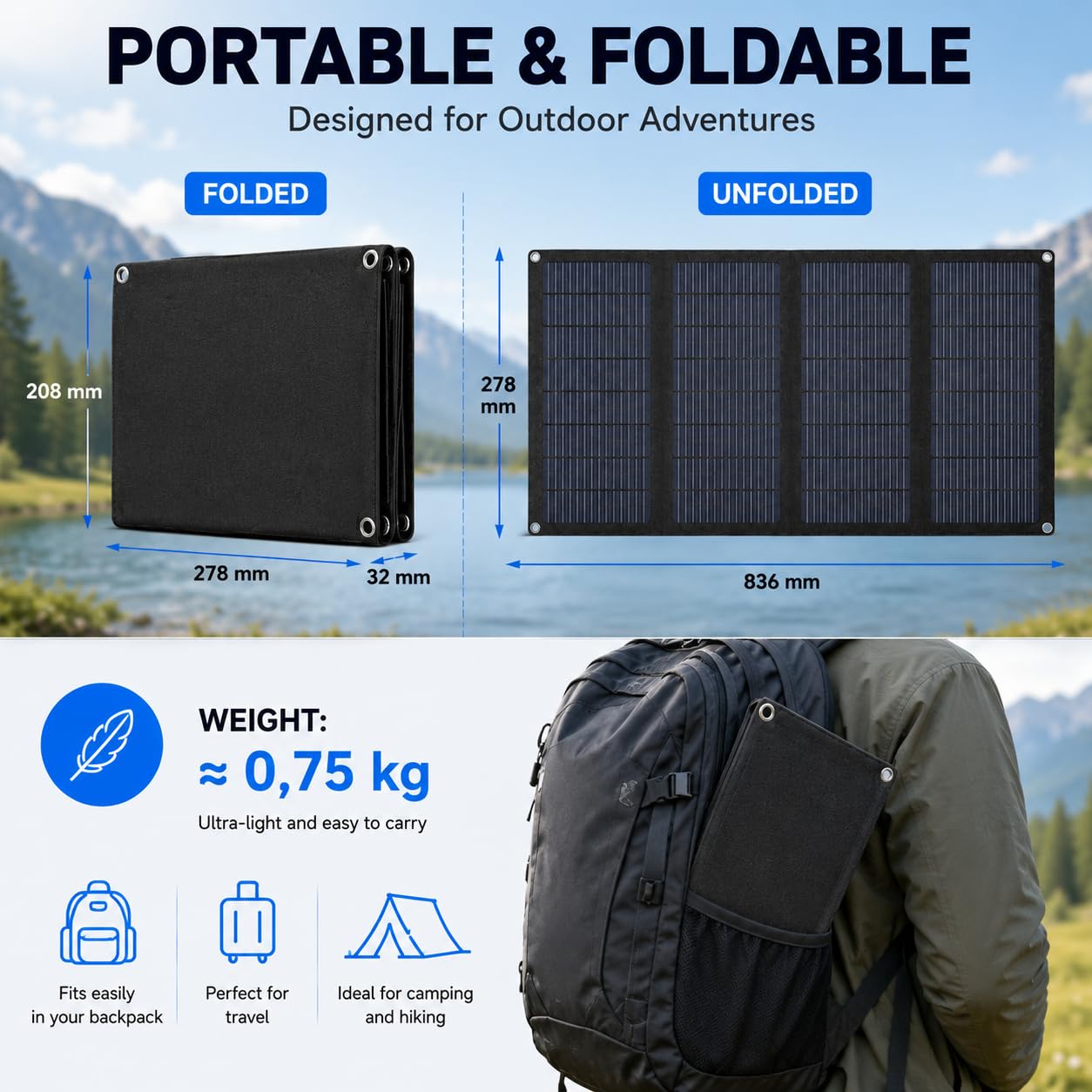 Elfcam – Panel solar plegable ETFE IP65 de 40 W con salidas DC USB-C USB-A, cargador solar portátil para batería externa, camping, furgoneta, senderismo y viaje