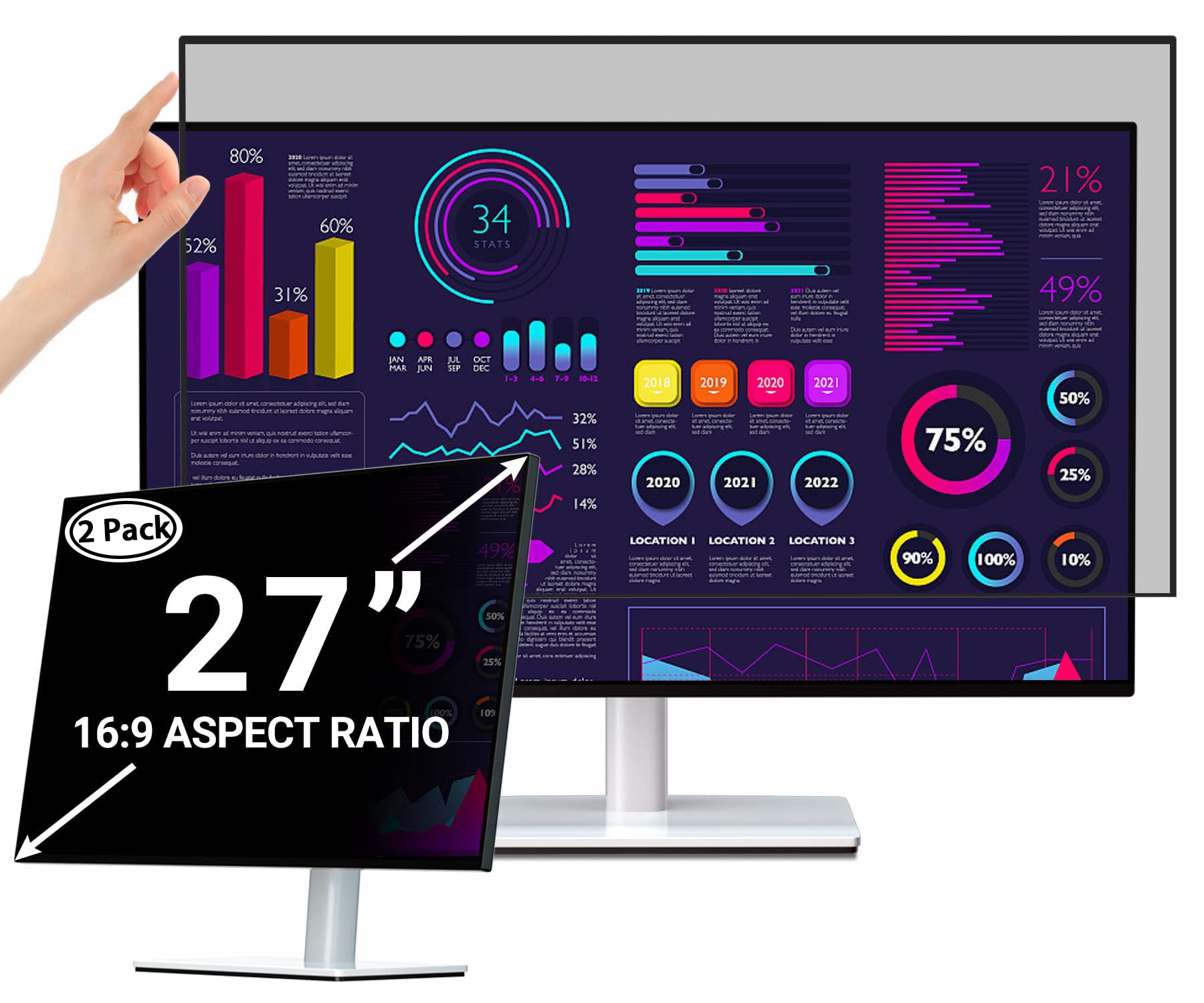 PYS2-Pack Upgrade Version 27 Inch Privacy Screen for 16:9 Computer Monitor, Reusable Nano Tech, Easy Install & Detach, Privacy Shield and Anti-Glare Protector
