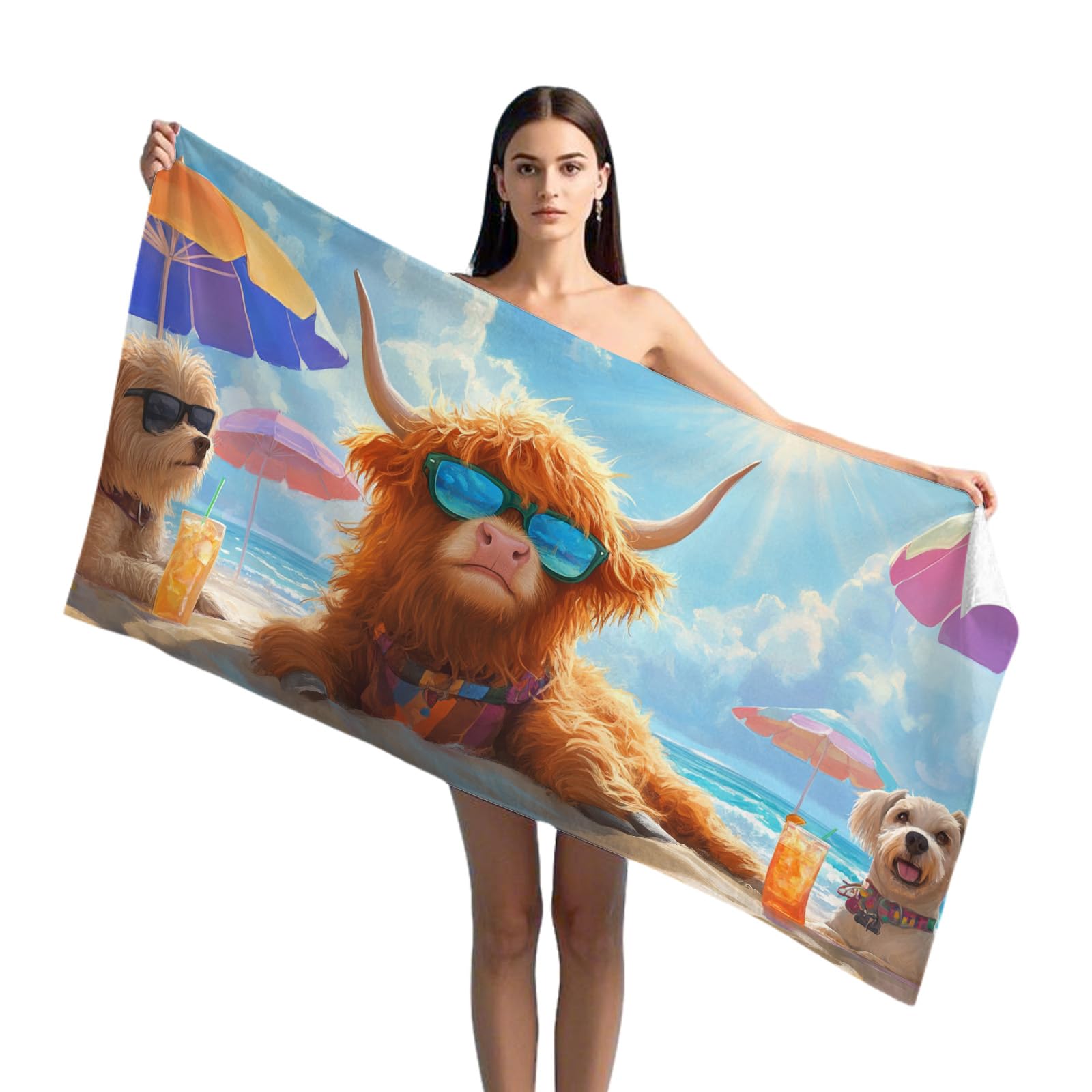 LXTOPN Highland Cow Beach Towel - Microfibre Towels for Adults Extra Large 90x180cm Lightweight Beach Blanket, Sand Free & Quick Dry Towel (Colourful - Highland Cow 1#)