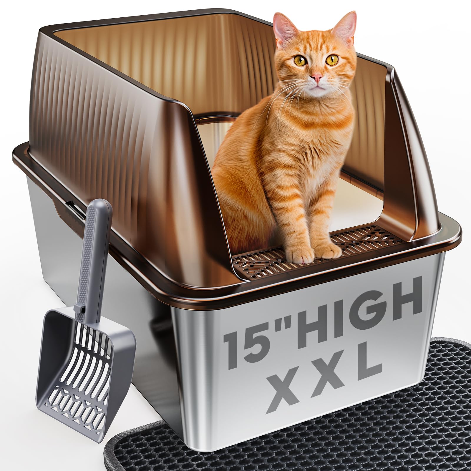 Tripamin XL stainless steel cat litter box with high sides and metal litter pan