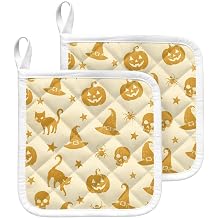 2 Pack Pot Holders for Kitchen, Halloween Hot Pads for Kitchen Countertops Oven Pot Holder Bulk, Orange Skull Cat Hat Stars Classic Spooky Heat Insulation Potholders with Hanging Loops