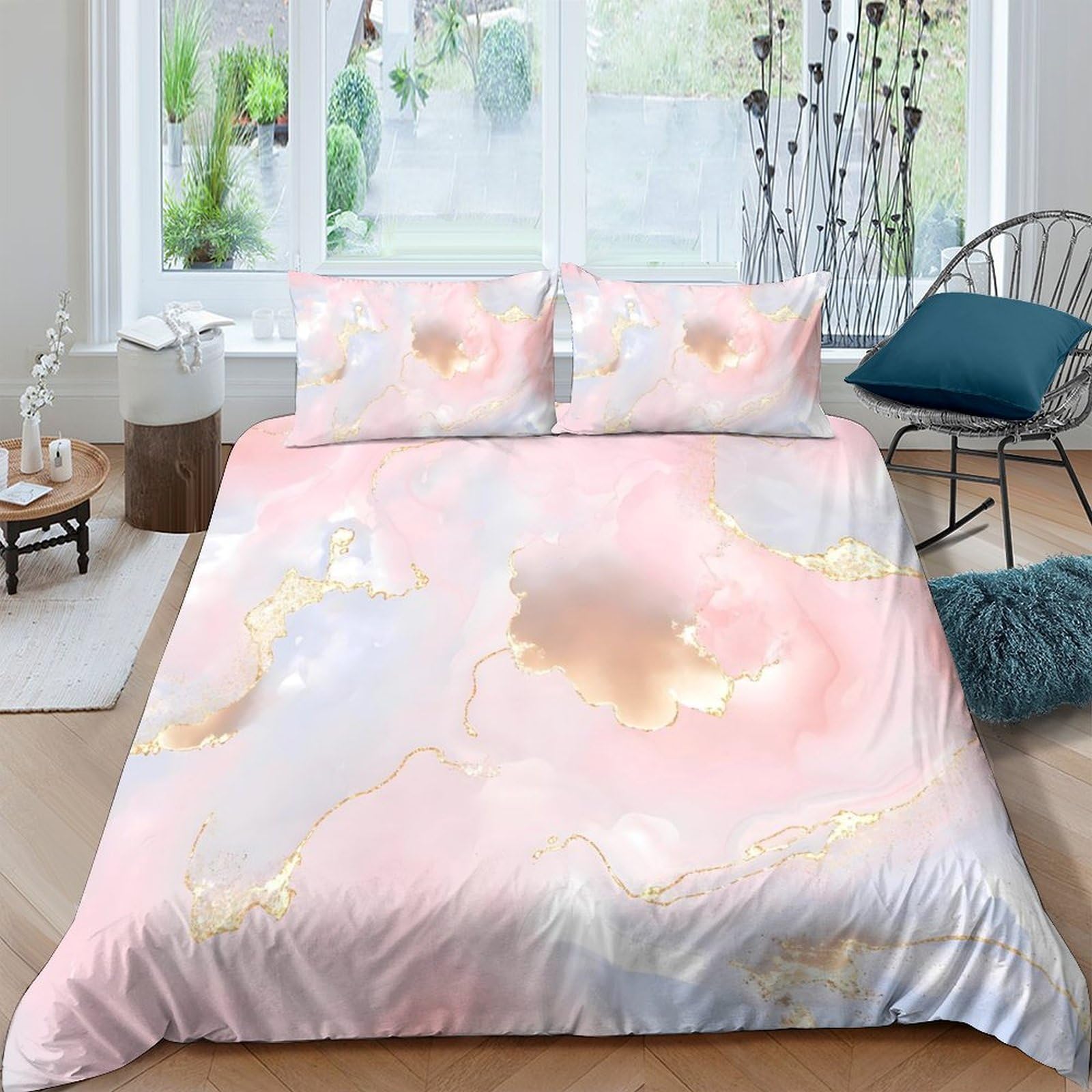 GPLZQXKJNH 3D Printed Pink Marble Duvet Cover Set Microfiber Soft Breathable Golden Swirl Bedding Set with 2 Pillowcases for Bedroom Decor Single（135x200cm）
