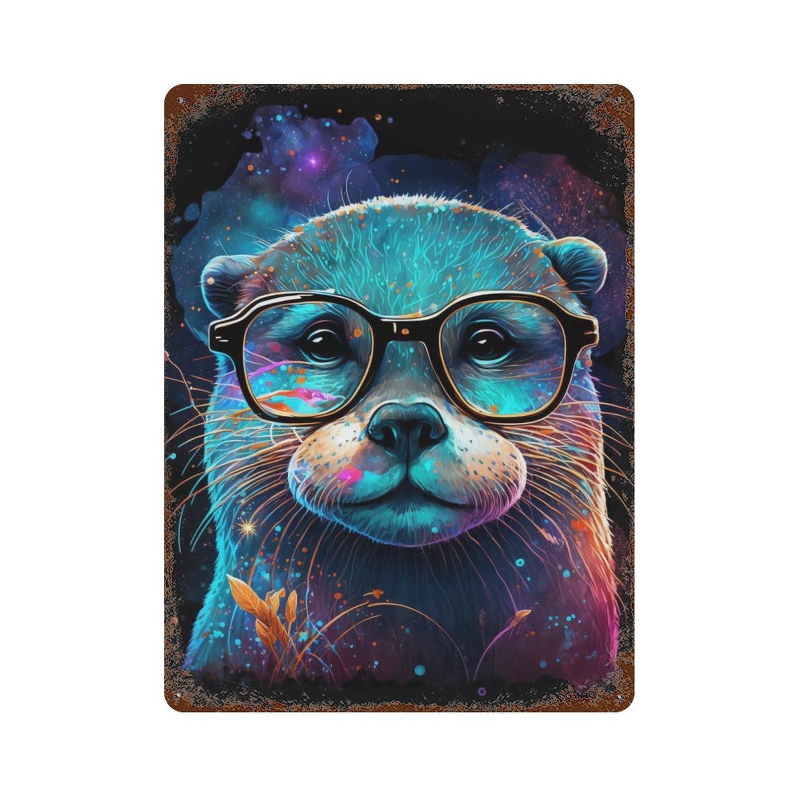 Distressed Metal Wall Sign with Colorful Otter with Glasses-2 Design 15.7"x11.8", for Cafe, Home Bar And Lounge Decor, Retro Wall Decor