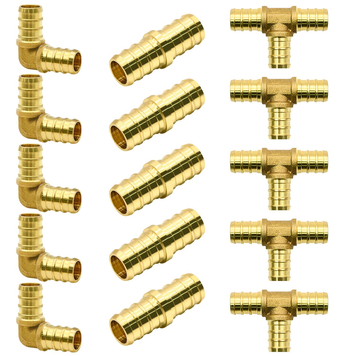 RUBY.Q15/30/60pcs PEX Fittings, 1/2" Fittings/ 3/4" Fittings, Elbow TEE Coupler Reducer Crimp Cinch, PEX Brass Crimp Fitting Combo with Tees"T", Elbows, Couplings (1/2in, 15pcs)