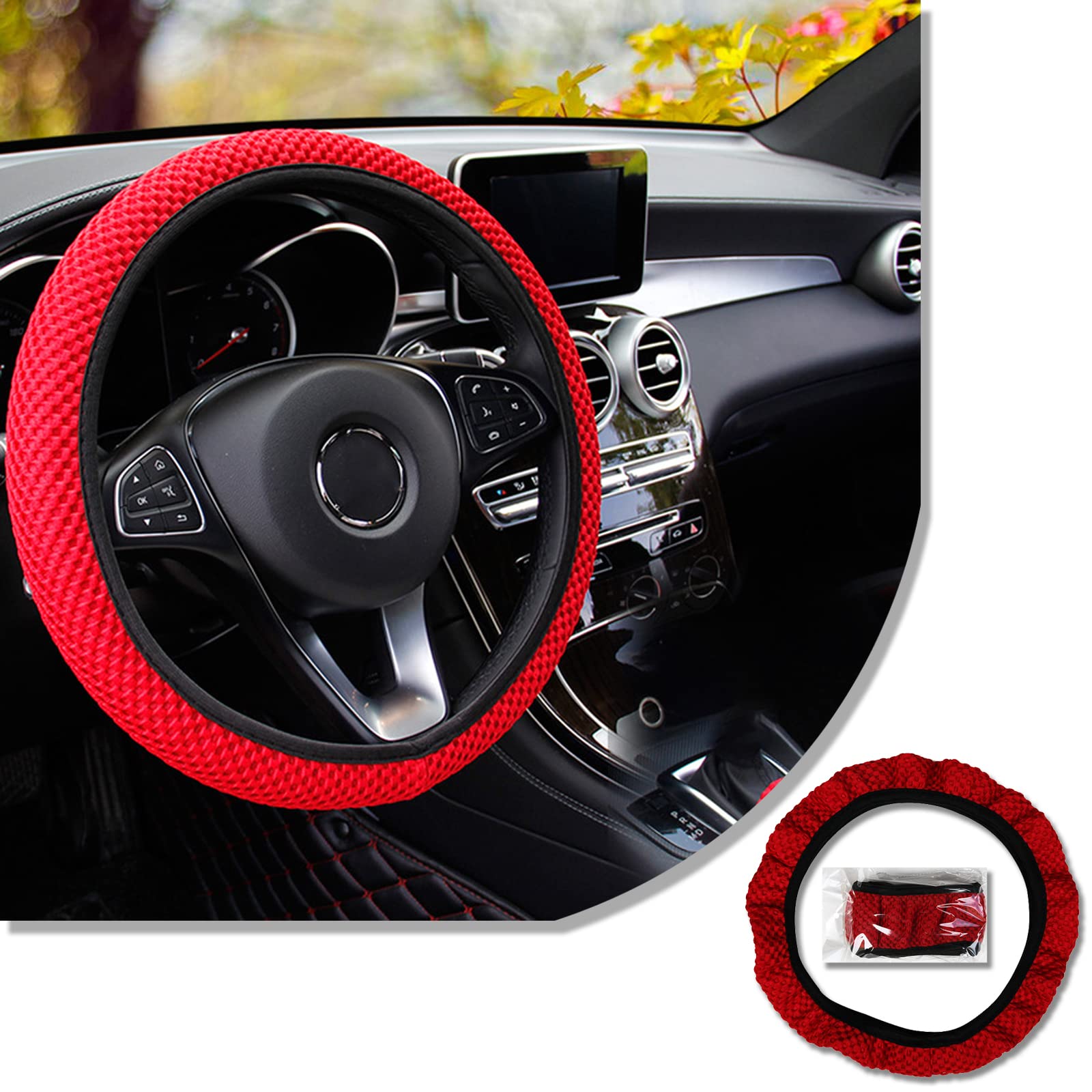 jeseny 1 PC Car Breathable Stretch Elastic Steering Wheel Cover, Microfiber Breathable Ice Silk Protective Cover, Universal 14.5-15In Warm in Winter Cool Summer Anti-Slip Cover, Fit Most Cars (Red)