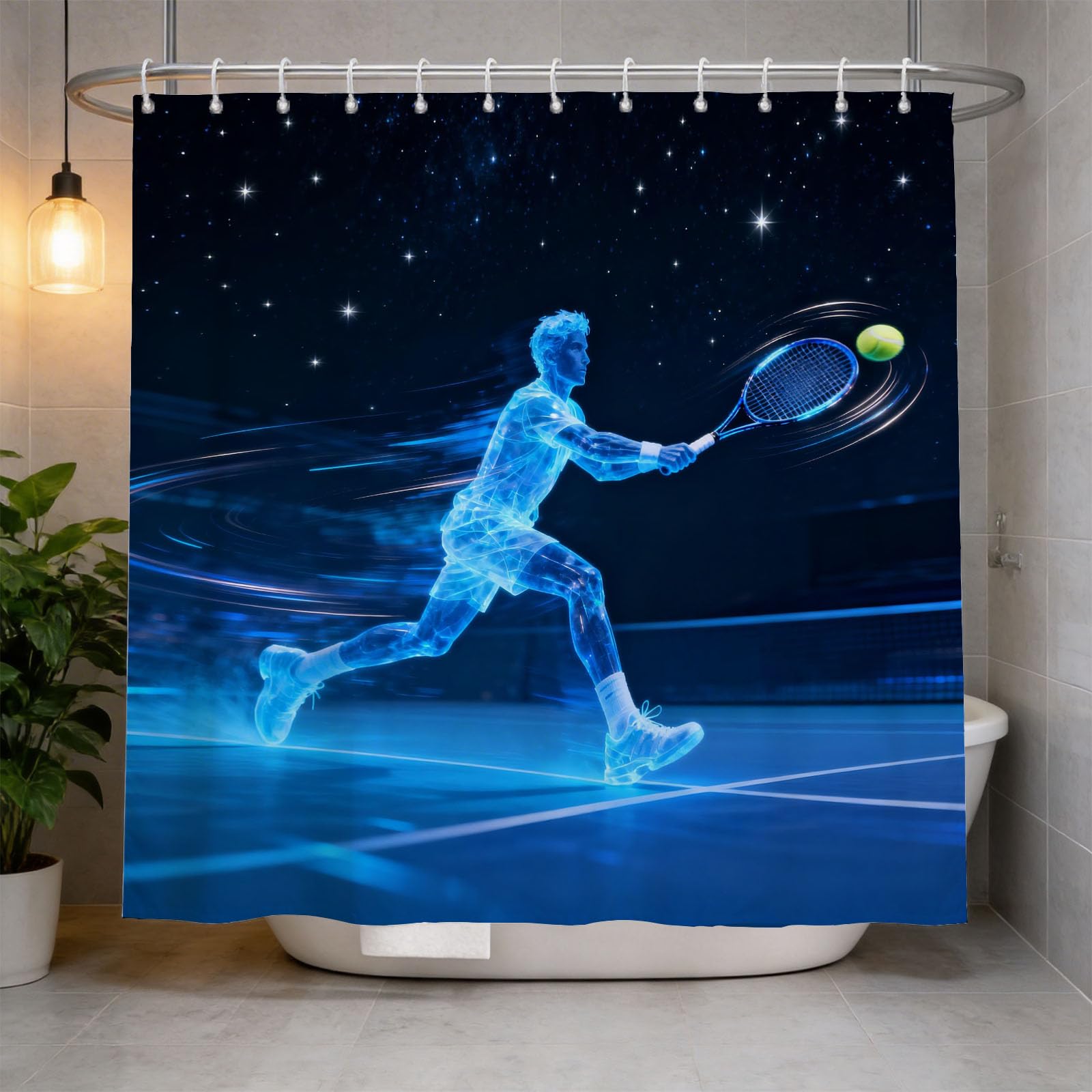 Hongduo 3D Tennis Shower Curtain for Stalls Bathtubs Dynamic Tennis Bathroom Decor Shower Curtain Set Polyester Fabric Waterproof 180x180cm/71X71 Inch with Hooks