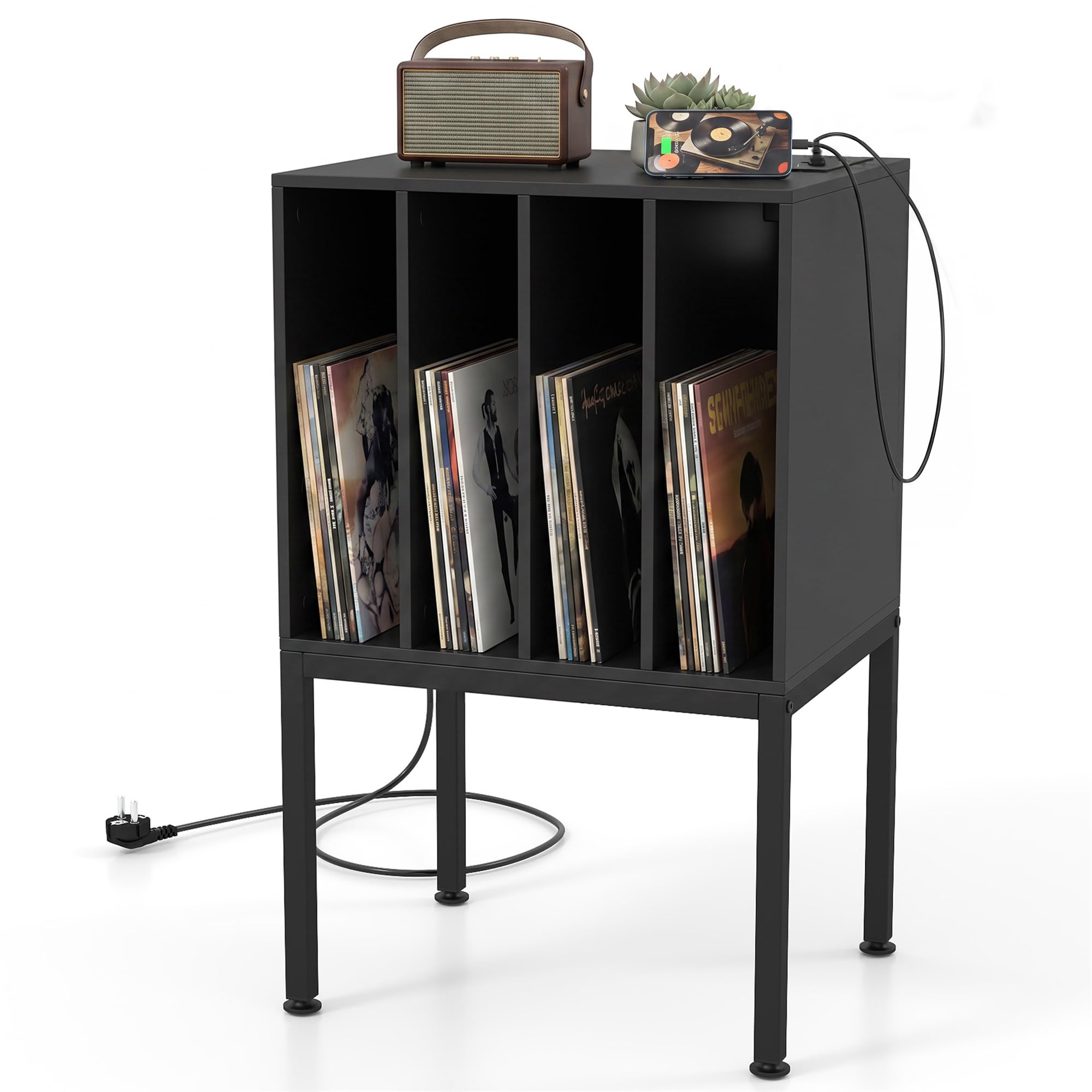 Giantex Meuble Vinyle pour Tourne Disque avec Prises, Support de Rangement Platine Vinyle avec 4 Compartiments&Pieds Surélevés, Étagère d'Exposition pour Salon&Salle de Musique, 50x40x81CM (Noir)