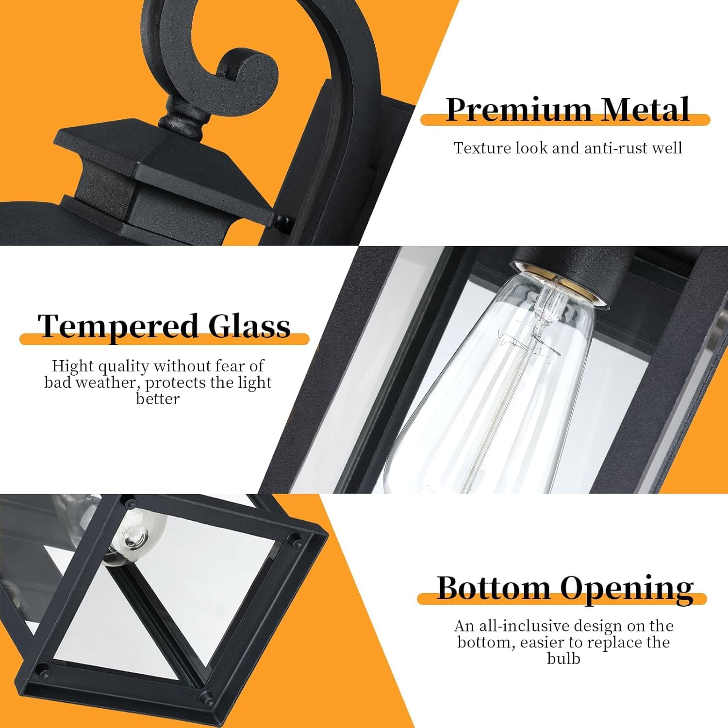 Outdoor Wall Sconce Lights 2-Pack, Anti-Rust Aluminum Outdoor Porch Lights Wall Mount, Black Exterior Lighting Fixtures with Tempered Glass, 15" Medium Coach Lights for Garage House
