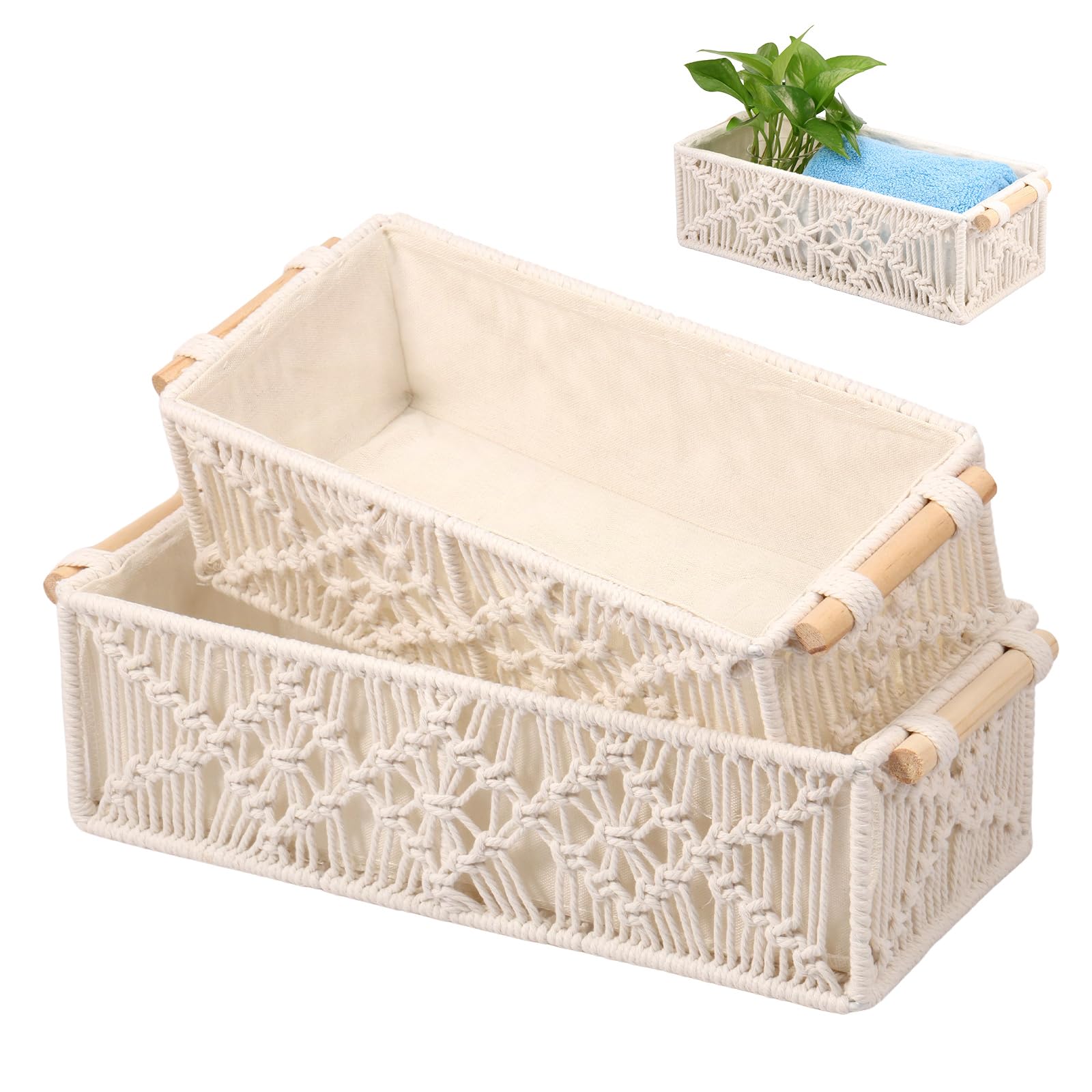 2 Pcs Macrame Storage Baskets, Handmade Woven Boho Decor Box, Countertop Toilet Tank Shelf Cabinet Organizer, Enduring Store Bin for Living Room Bedroom