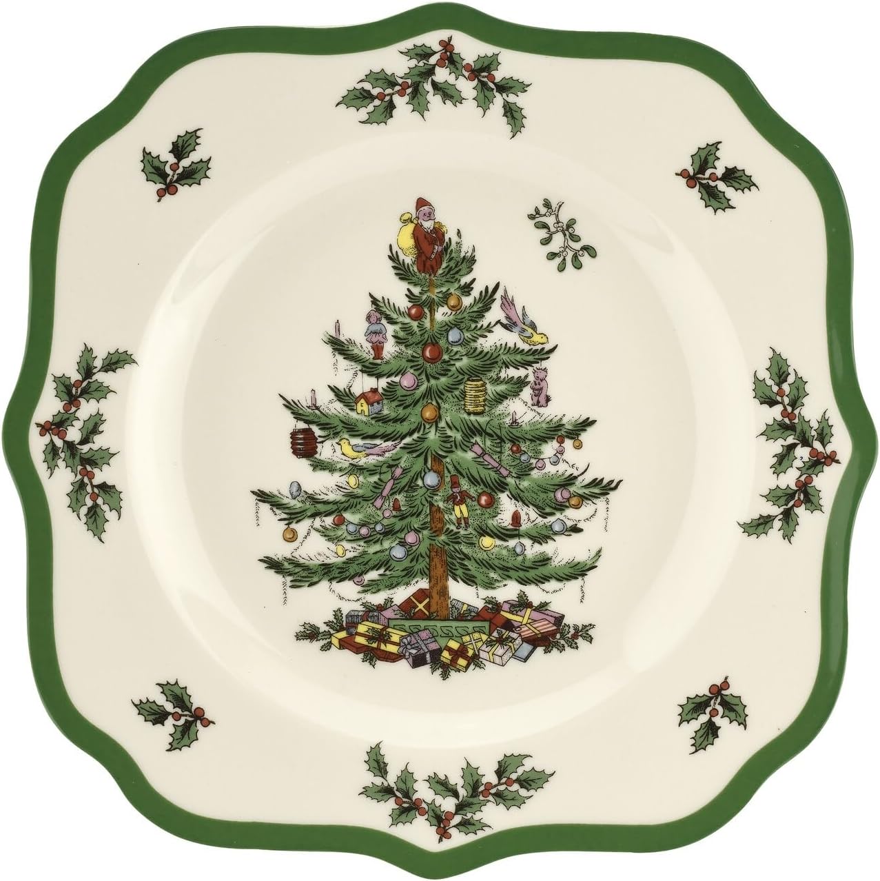 Spode Christmas Tree Scalloped Dinner Plate - Holiday-Themed Stoneware Large Plate - 10.5 Inch Christmas Dinner Dish Featuring Colorful Gifts & Mistletoe Accents - Dishwasher & Microwave Safe