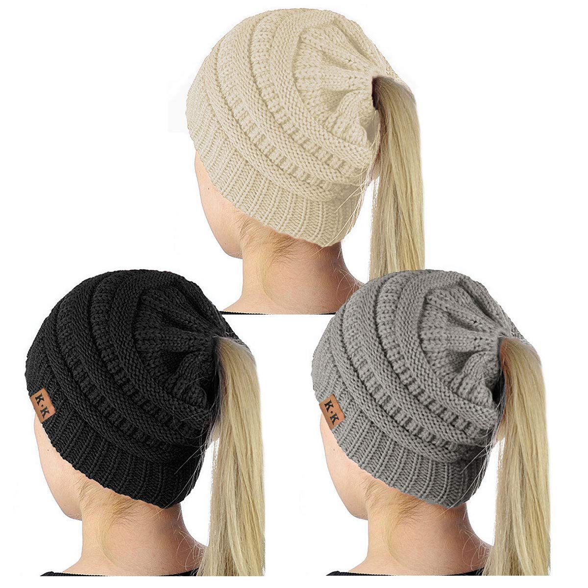 YouGa Winter Women Ponytail Hat - Women Ponytail Beanie Hat Cable Stretch Knit Cap Winter Outdoor Warm Messy Bun Hat with Hole