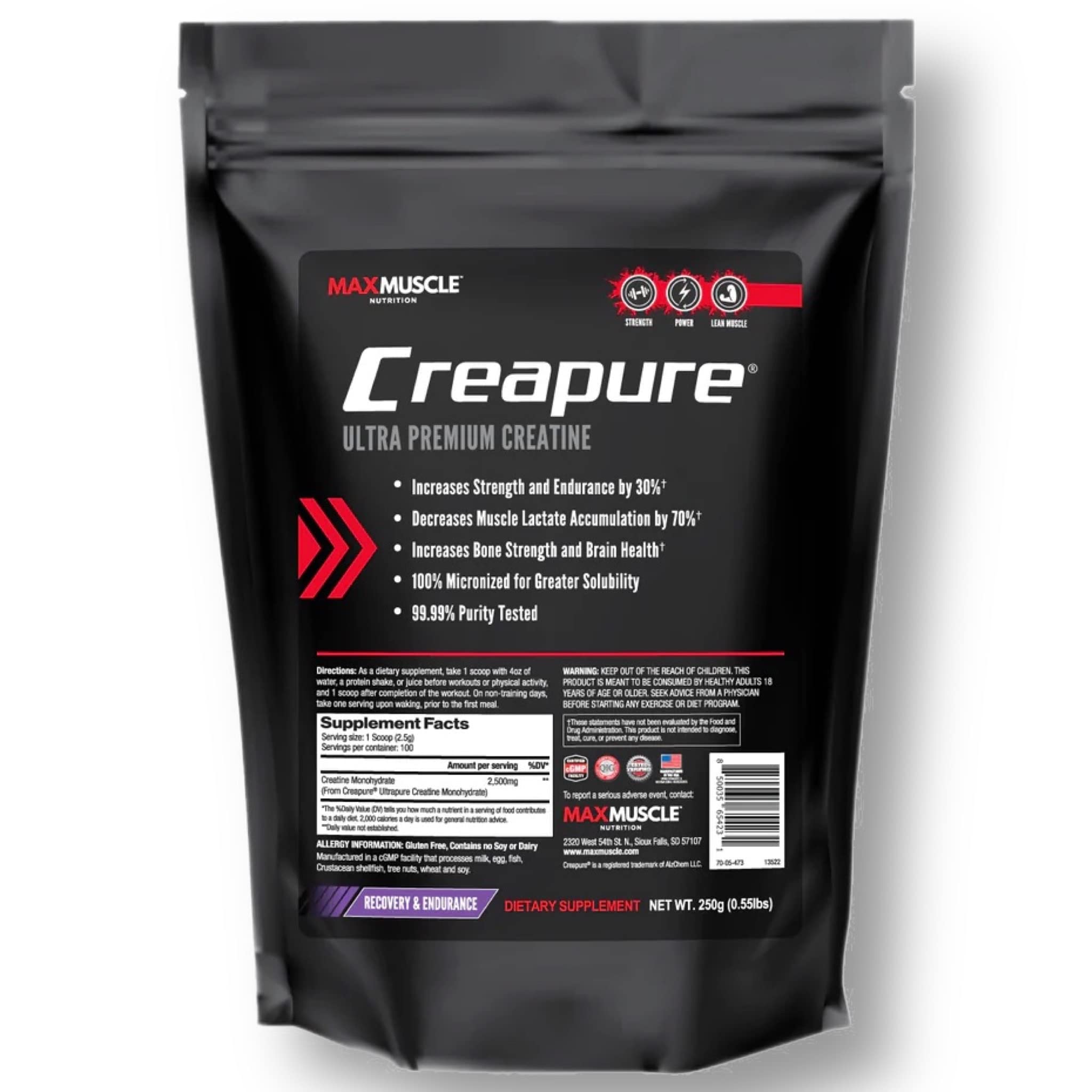 Max Muscle Creapure Ultra Premium Creatine | Increase Strength and Endurance, 99.99% Purity Tested, Ultrapure Creatine Mon...