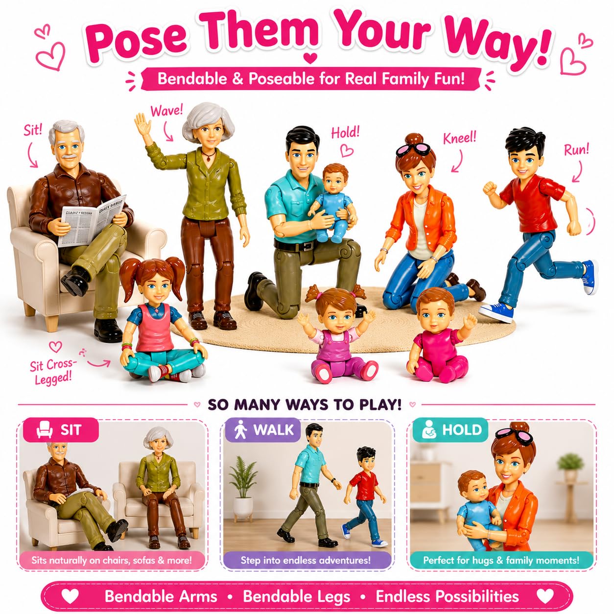 Beverly Hills Sweet Li’l Family Bendable Mini Dollhouse Figures | Set of 9 Grandpa, Grandma, Mom, Dad, Sister, Brother, Toddler, Twin Boy & Girl Pretend Play (1:12 Scale) — Amazon image 2