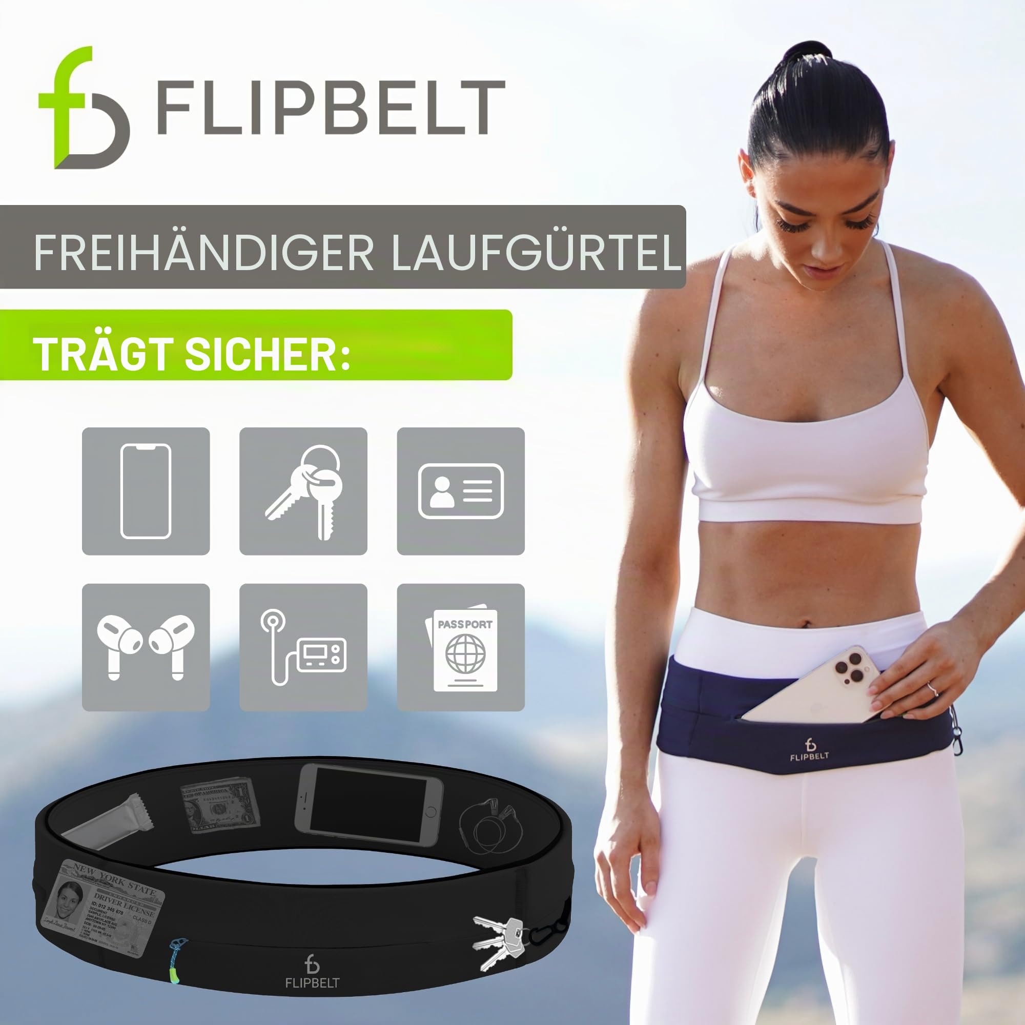 FlipBelt Zipper - Laufgürtel für Handy & kleines Zubehör - Sport-Bauchtasche für Damen und Herren