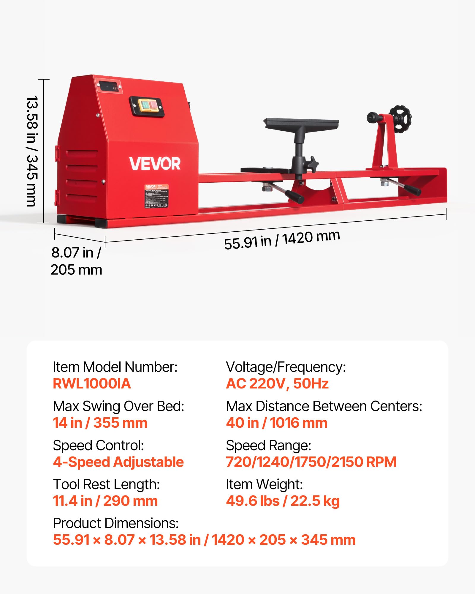 VEVOR Tornio per Legno da Banco 375 W 355 x 1016 mm 4 Velocità Regolabili