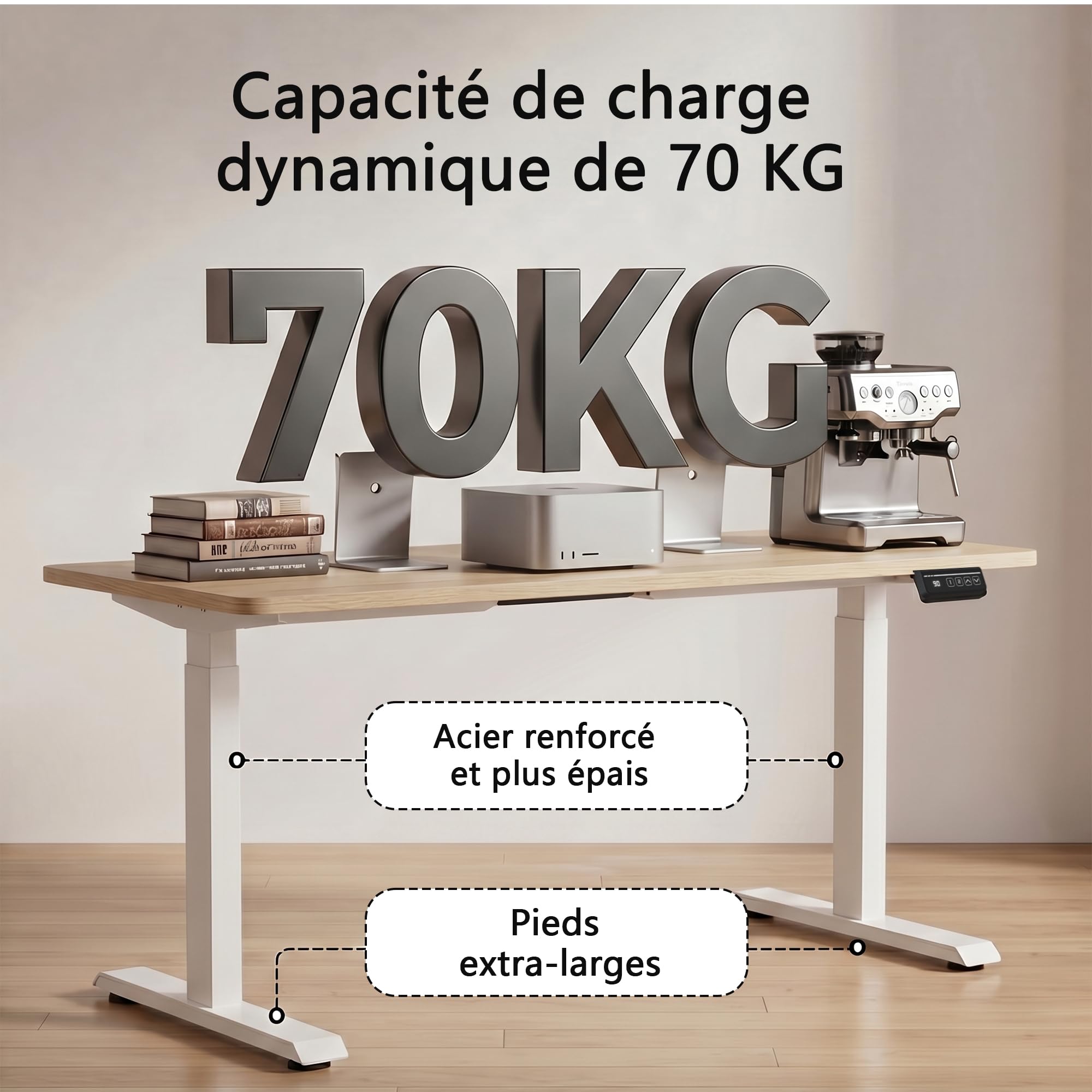 JUMMICO 120×60 cm Scrivania regolabile in altezza, telecomando 4 tasti con funzione memoria e gancio integrato, ideale per ufficio, studio e gaming, Beige | Scrivania per computer regolabile in altezza con 2 memorie, postazione di lavoro ergonomica con pa