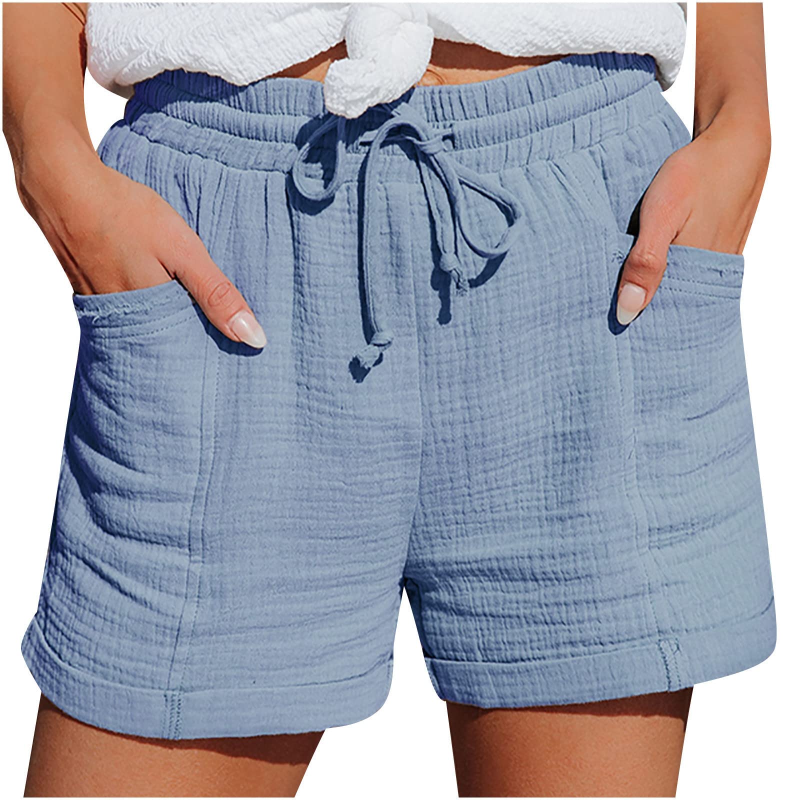 Summer Cotton Linen Shorts for Women Muslin Drawstring Short Wide Leg Half Pants Casual Beach Clothes with Pockets(Blue,Medium)