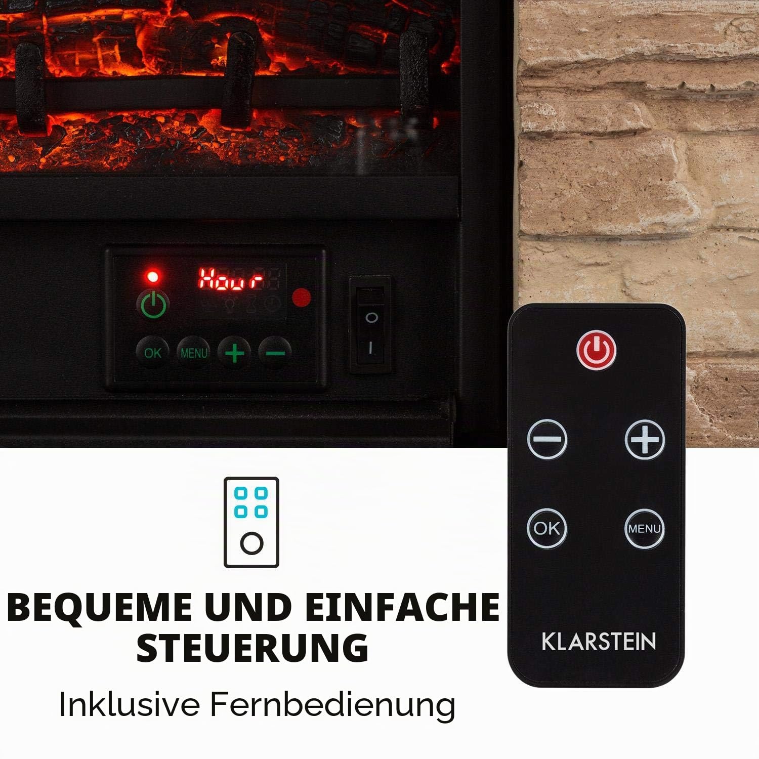 Klarstein Kaprun Elektrokamin - Kamin elektrisch mit 1800 W Leistung und Flammeneffekt, Elektro Kamin Steindekor, Polystone, inkl. Fernbedienung, schwarz-braun