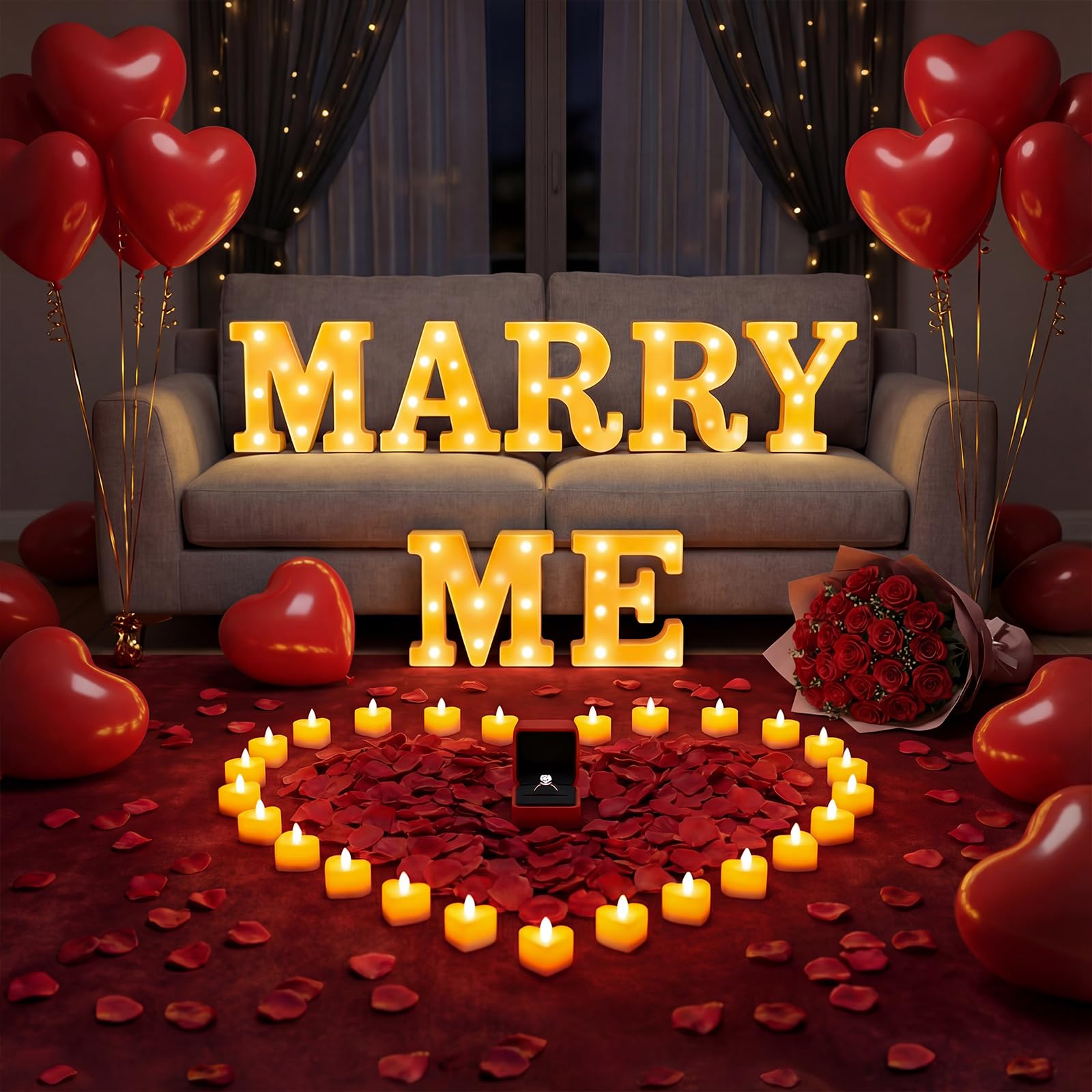 Marry Me Light Up Letters Proposal Decorations,Will You Marry Me Sign with 2000Pcs Red Artificial Roses Petals 30Pcs Flameless Candles 30Pcs Red Balloons for Romantic Night kit Valentine's Day