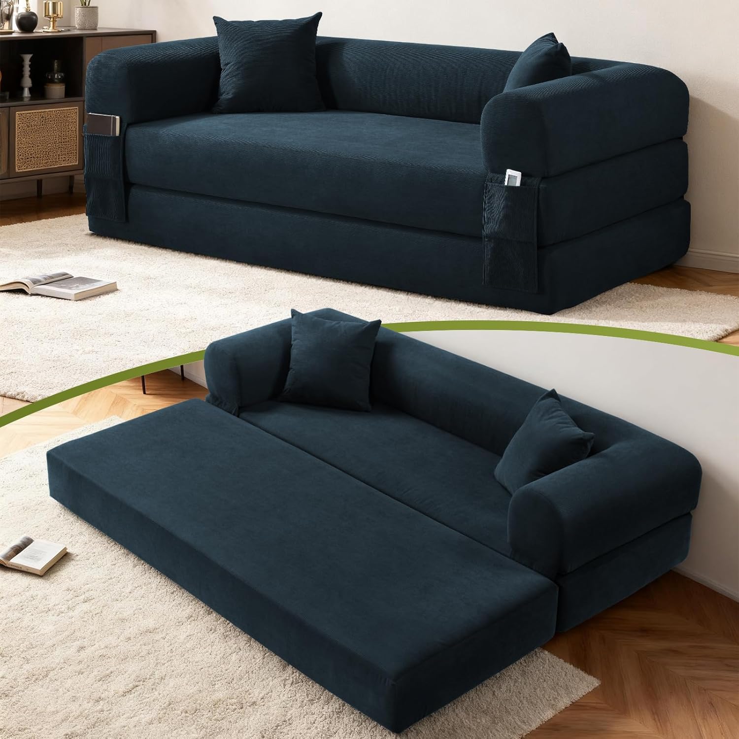80 Inch Convertible Sofa Bed,Folding Pull Out Couch with Pillows & Storage Pocket,Corduroy Queen Sleeper Sofa in a Box,No Assembly Boneless Couch for Living Room,Navy Blue