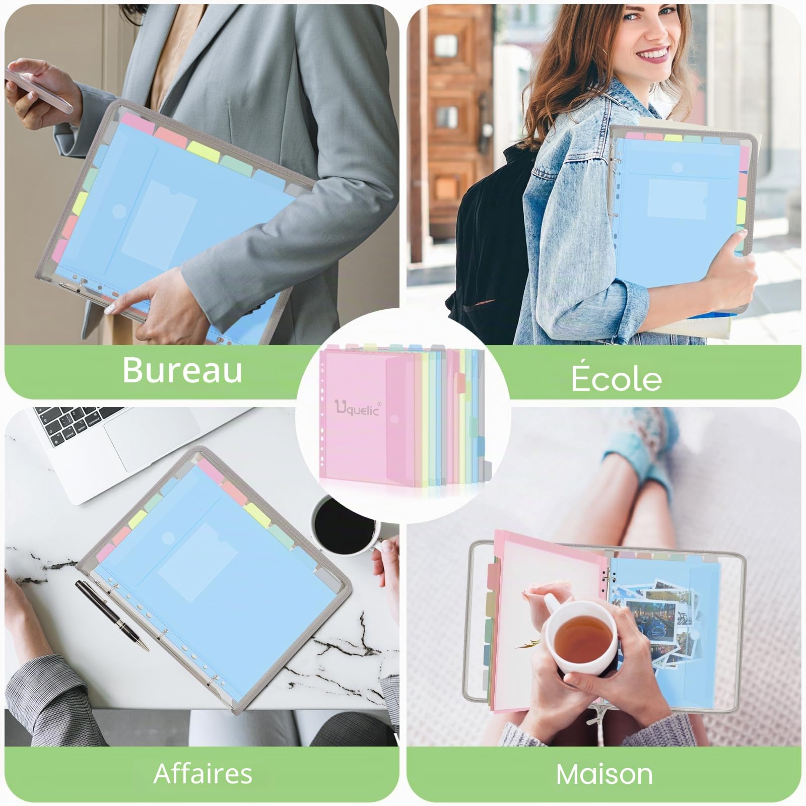 Uquelic Classeur 3 anneaux A4 - Classeur avec 12 pochettes plastique A4 pour organiser et classer des documents, coque souple en PVC (Macaron transparent)