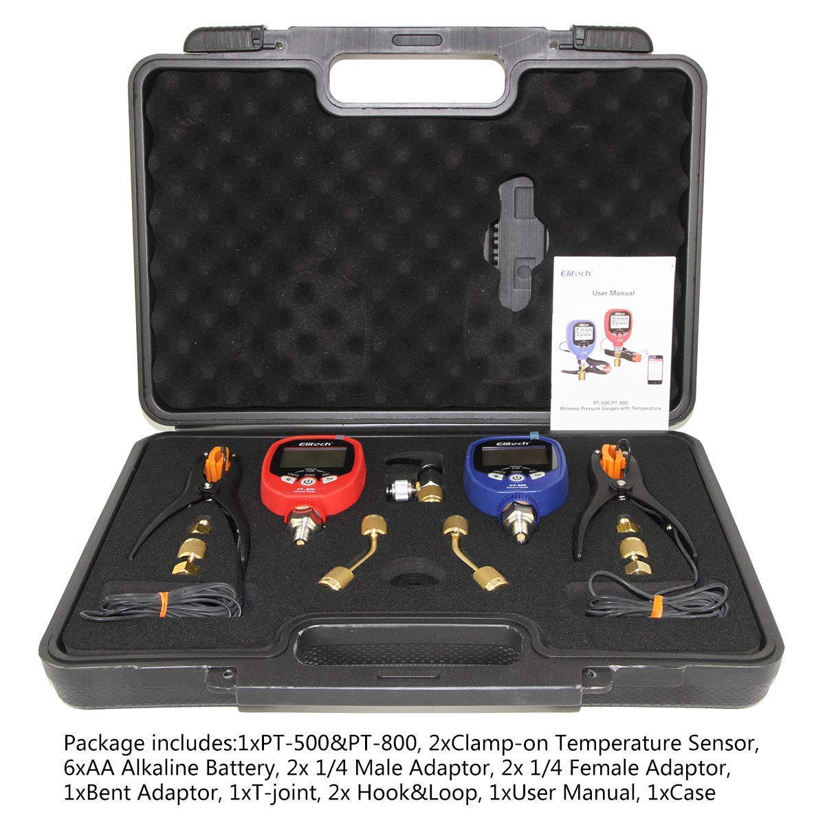 Elitech PT-500/800Pro kit de manómetros digitales inalámbricos, manómetros HVAC de 2 válvulas con 2 pinzas de temperatura para sobrecalentamiento y subenfriamiento automáticos, registro de datos