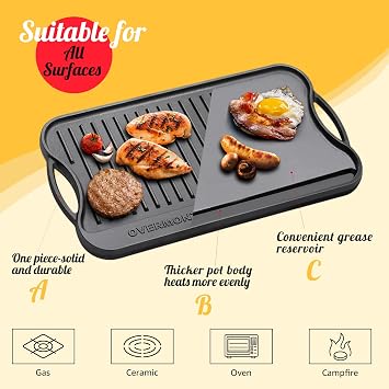 Overmont Reversible Cast Iron Grill - 17 x 9.8 Dual-Sided Griddle Pan | Pre-Seasoned Griddle Double Burner Cookware with Handles, for Gas Grill Stovetop Oven Campfire Camping BBQ, Scrapers Included