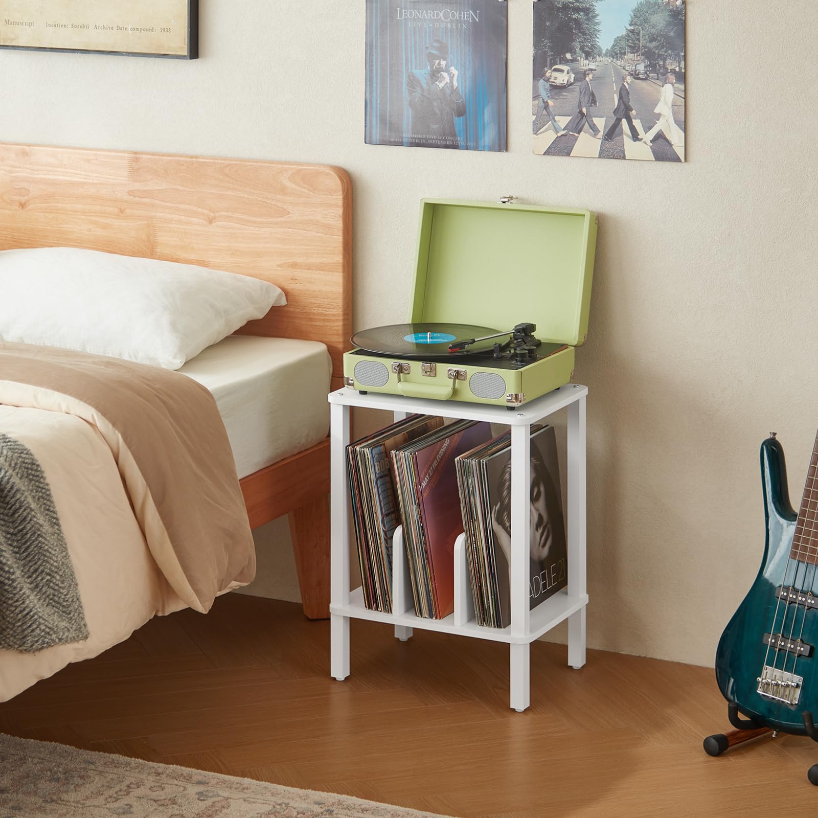 LELELINKY Supporto per giradischi in bambù a 2 livelli, con custodia per dischi vinile fino a 100 album, portadischi in stile boho per la camera da letto e tavolino multifunzione,Bianco