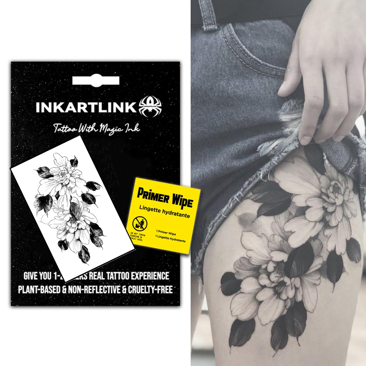 INKARTLINK Women's Semi-Permanent Floral Temporary Tattoos - Adult Art Design, Cruelty-Free, Waterproof, Non-Reflective (Art Flower)