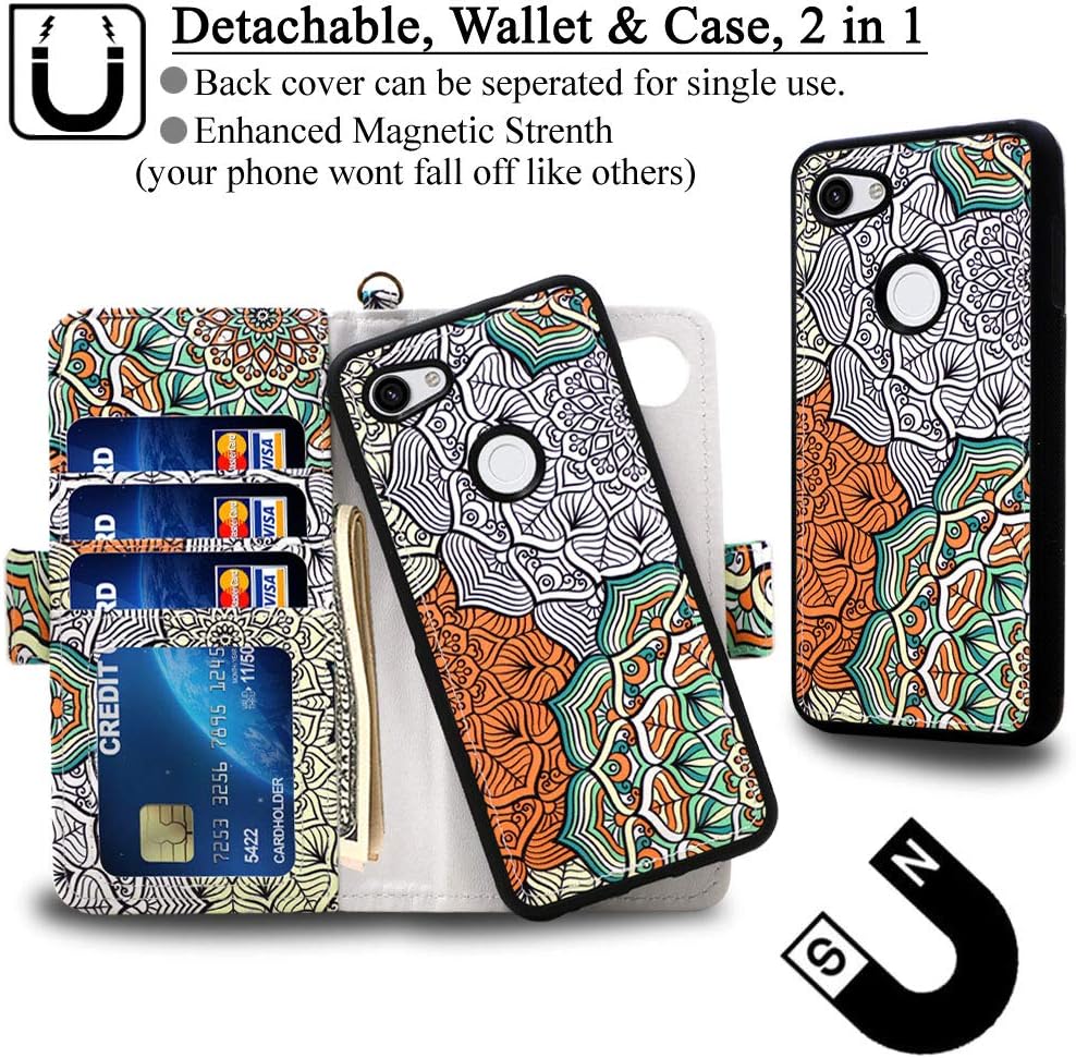 Mefon Google Pixel 3a Case Wallet Leather Detachable, with Tempered Glass and Wrist Strap, Enhanced Magnetic Closure, Card Slot, Kickstand, Durable Slim, Flip Folio Cases for Pixel 3a (Mandala 2)