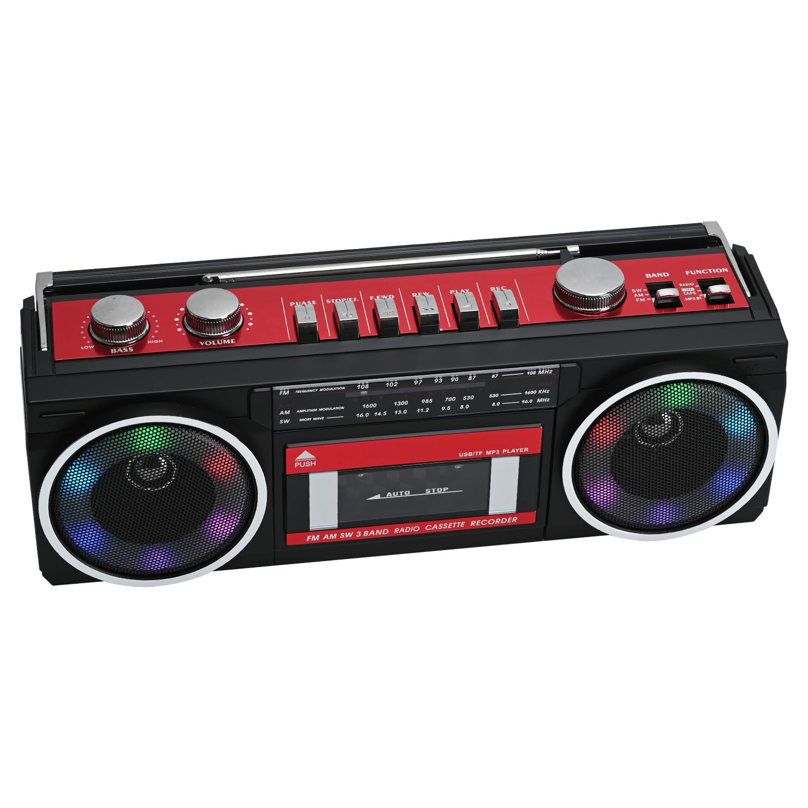 Tragbare Kassettenspieler Boombox AM/FM/SW Radio Stereo, CasetteTape Player Recorder, MP3 Bluetooth USB RGB Lichter TF Karte (Rot)