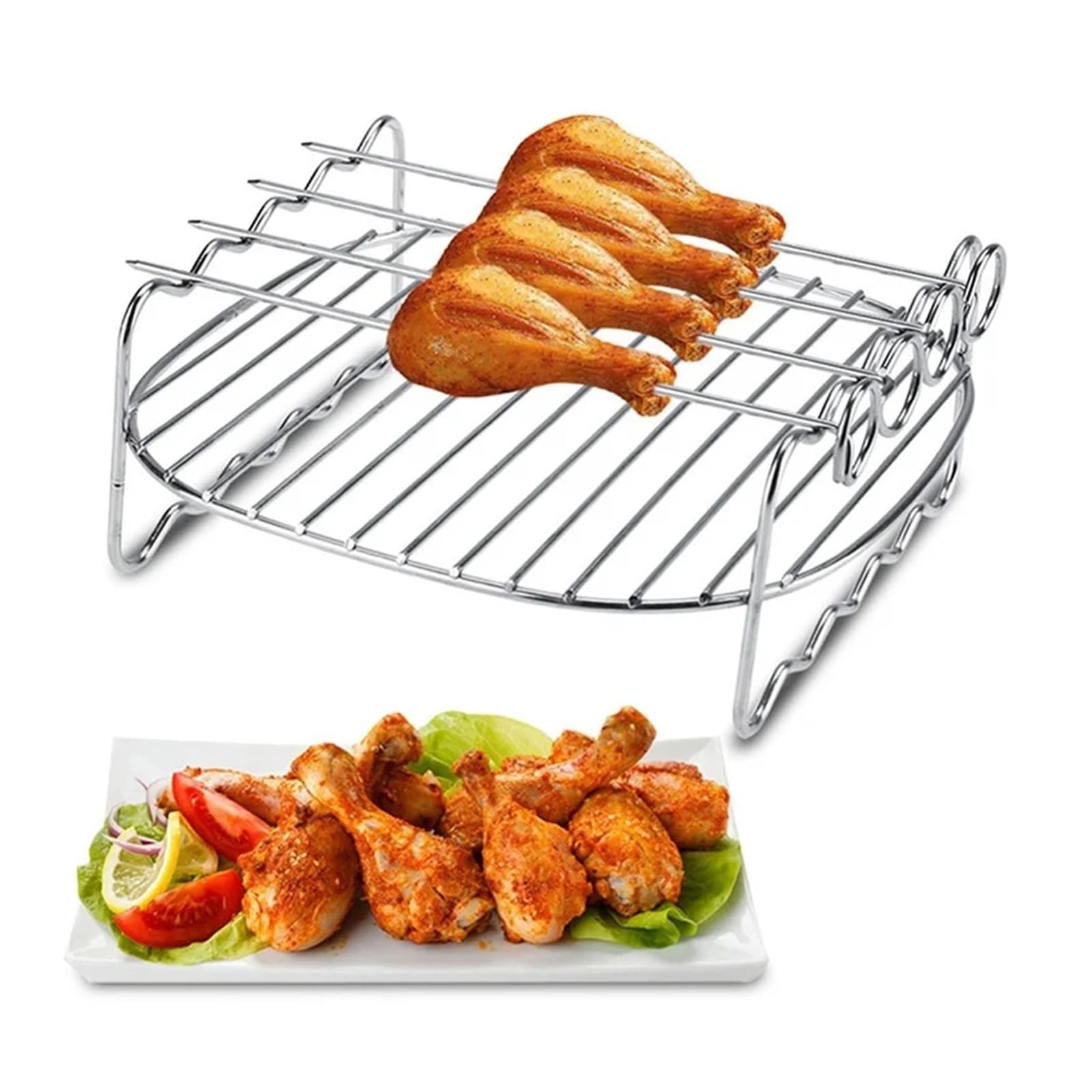 Juego de rejillas for freidora aire 7 pulgadas, versátil, doble capa, con brochetas y soporte for escurrir aceite al vapor for cocina(6 inch 3 needle)