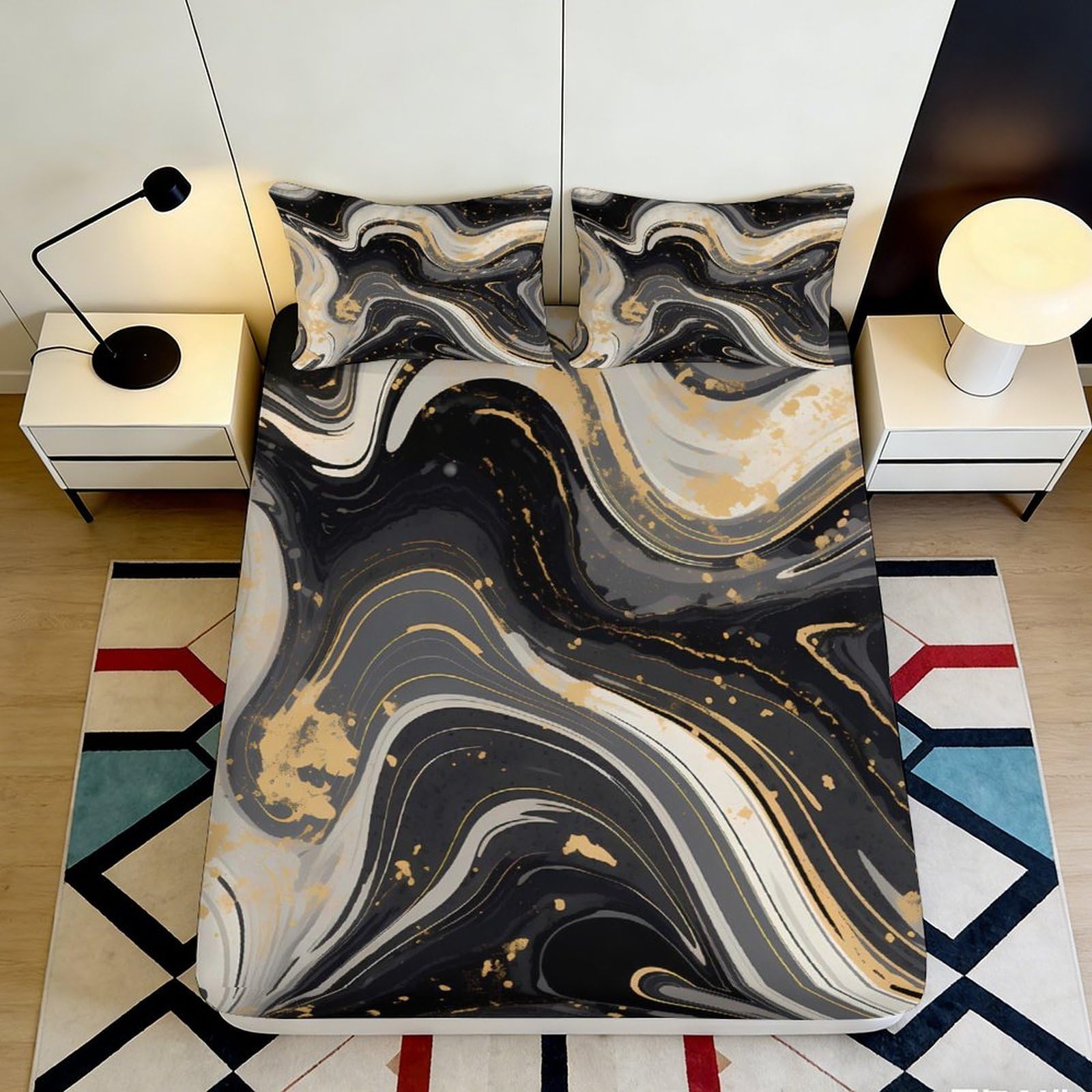 3D Printed Black Gold Marble Fitted Sheet Microfiber Artistic Abstract Swirl Bed Sheet for Bedroom Guest Room Decor 90x200x25cm