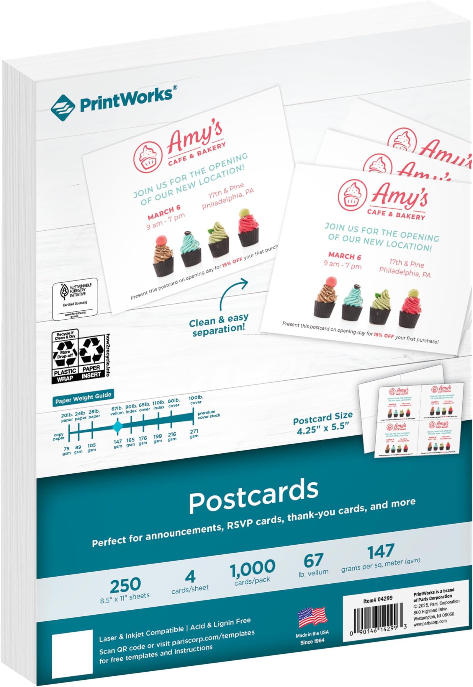 Blank Printable Postcards for Mailing & Printing - 1000 Cards (4.25" x 5.5" Post Card Size) - 4 per Sheet - 250 Sheets (8.5” x 11”) - Made in the USA - No Envelope Needed - White (04299)