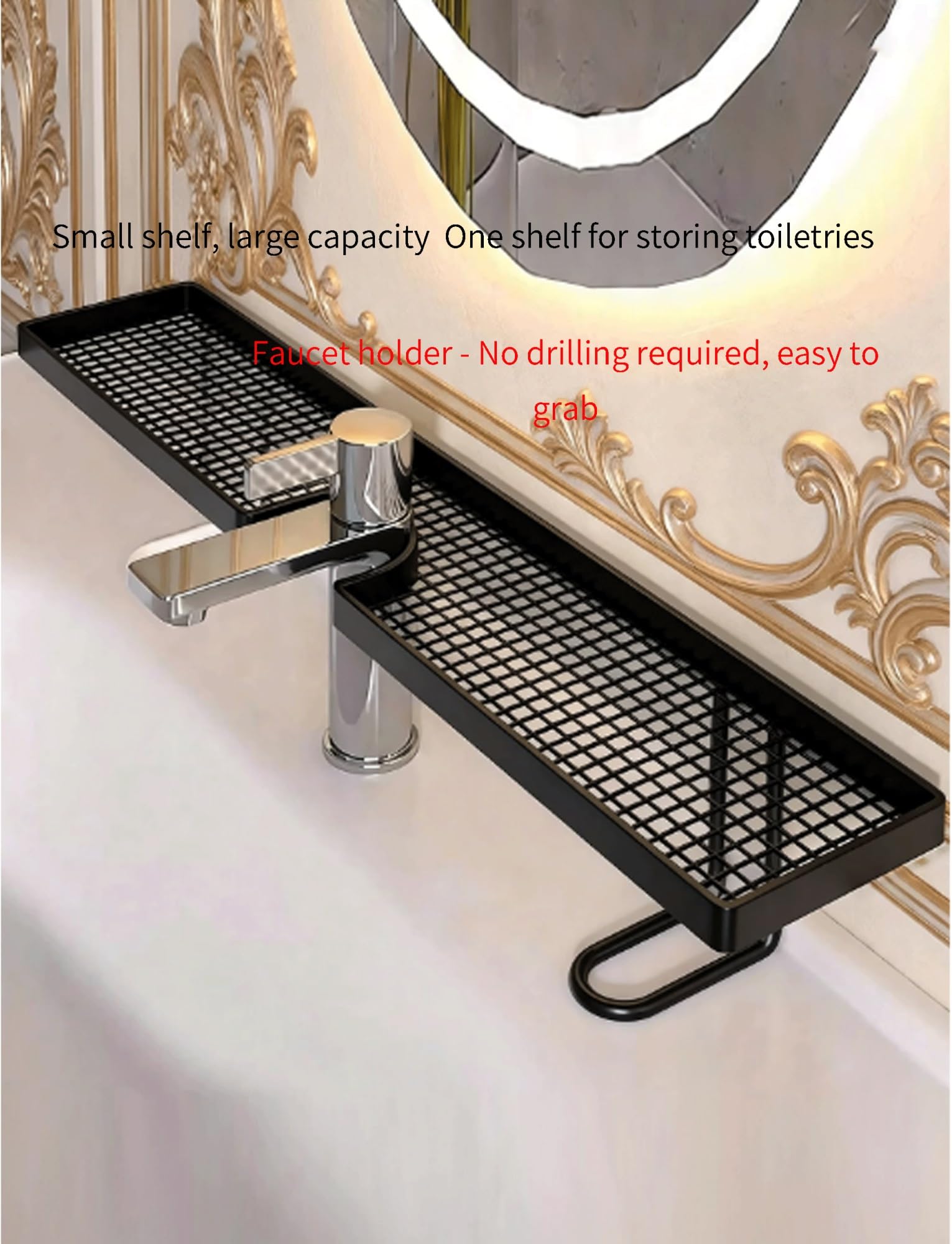 Generico Mensola for lavabo montata a parete sopra il rubinetto, cestello for mensola portaoggetti montato a parete senza foratura, scaffale for rubinetto rimovibile, for bagno(Black,60cm/23.4in)