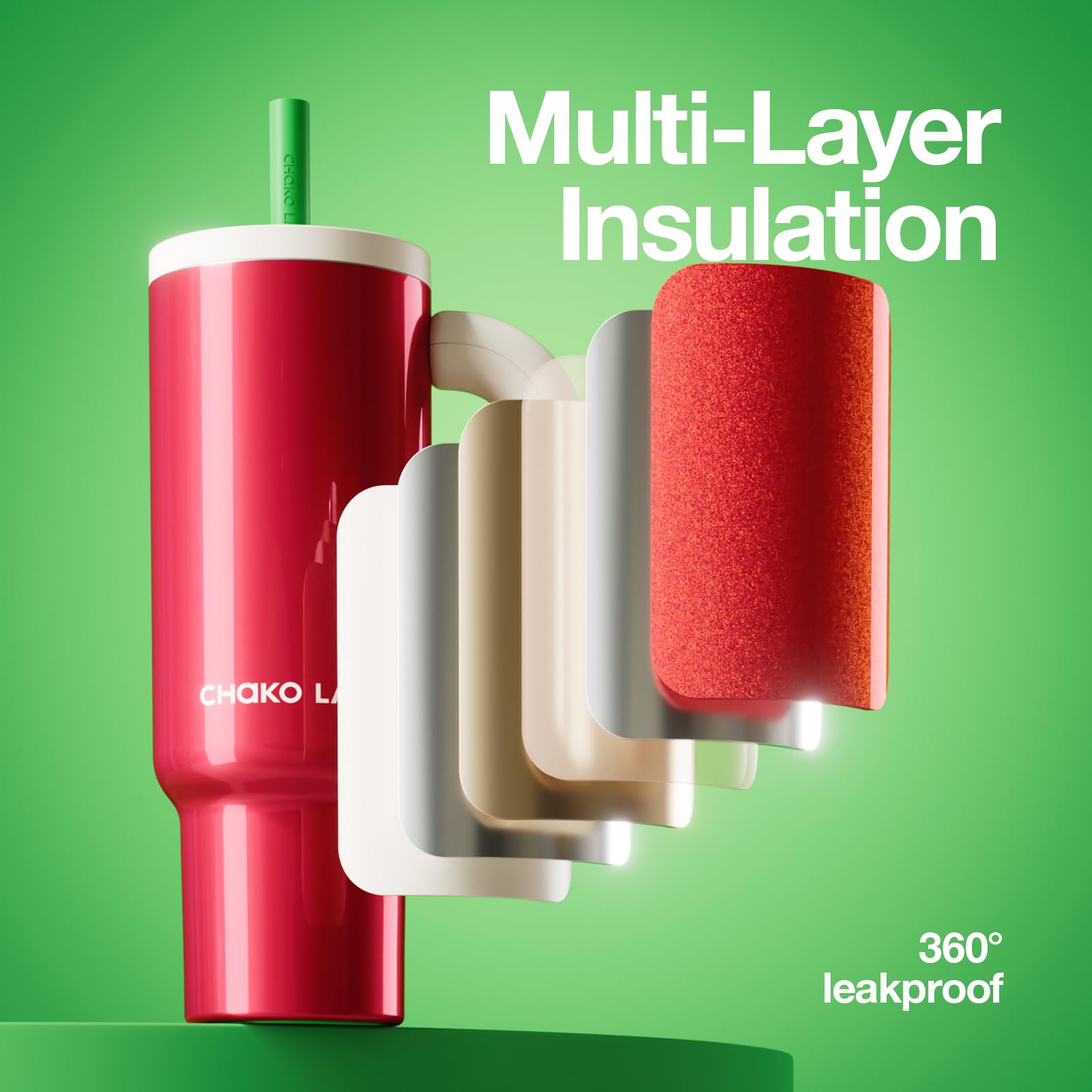 CHAKO LAB BaWang Insulated Stainless Steel Tumbler | Tumbler with Handle and Straw 35oz | Cup Holder Friendly for Travel | Leakproof Water Bottle | BPA-Free | 316 stainless steel liner|: Red & White