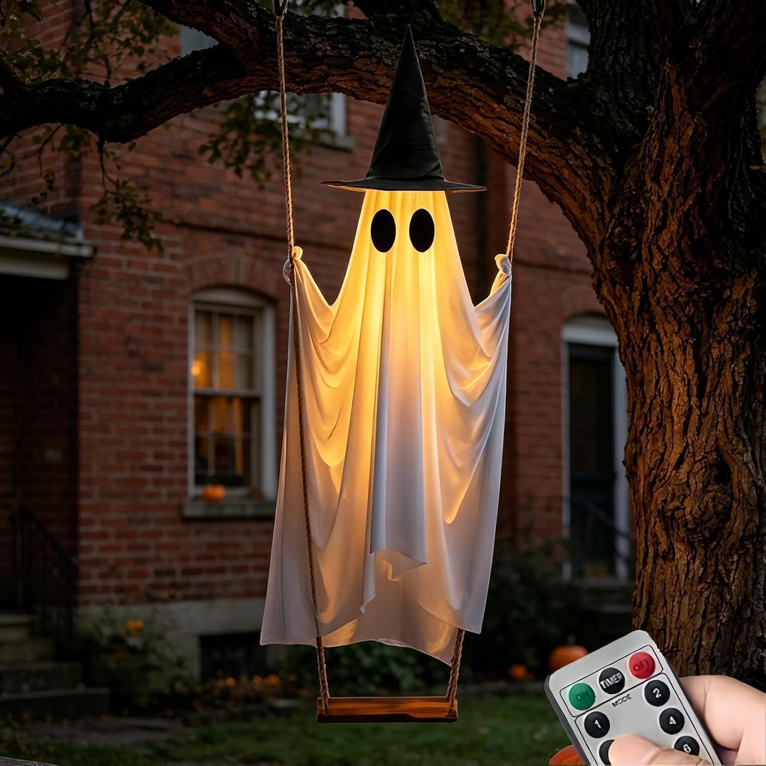 Wiszący duch dekoracja z odpinanym kapeluszem czarownicy, zdalne światło LED, wodoodporna ozdoba na werandę na Halloween, podwórko, ogród, drzewo, dekoracja na imprezę na świeżym powietrzu