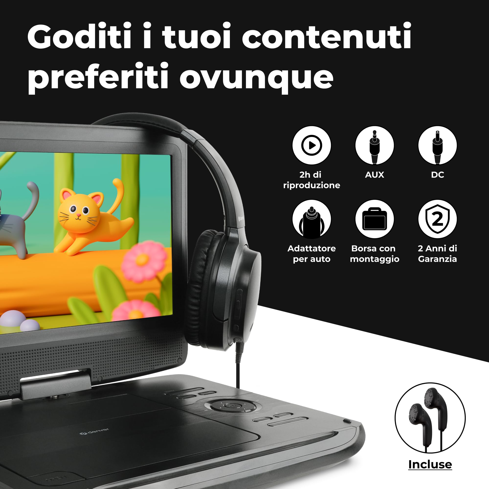 Denver MT-1097 Lettore Dvd Portatile Lettore Dvd Portatile da Tavolo 25,4 cm (10") Nero