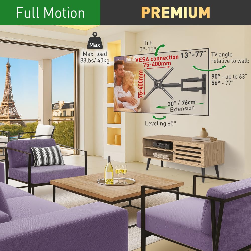 Barkan Supporto da parete per TV lungo 76 cm, orientabile da 13 a 65 pollici, inclinazione e movimento completo piatto e curvo, può contenere fino a 36 kg, extra lungo, per LED OLED LCD, max. VESA 400