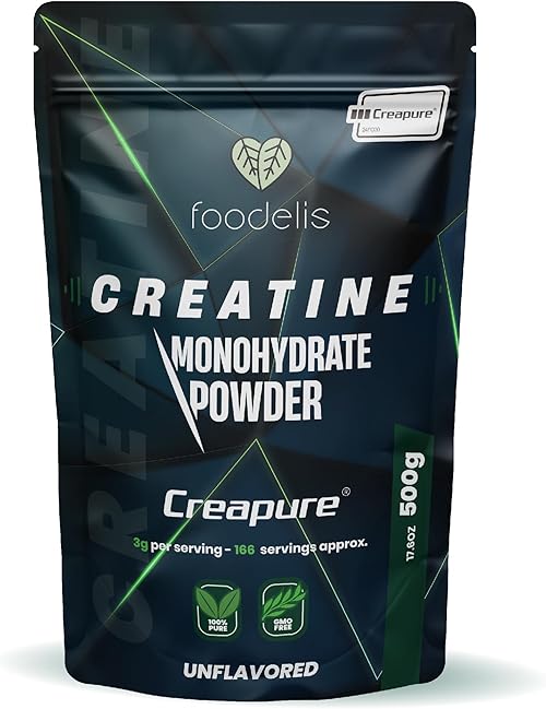 Foodelis Creatina creapure 500g en polvo - 100% creatina monohidratada creapure - Sin sabor, No-GMO, Pura sin aditivos -Incluye dosificador - Alta solubilidad