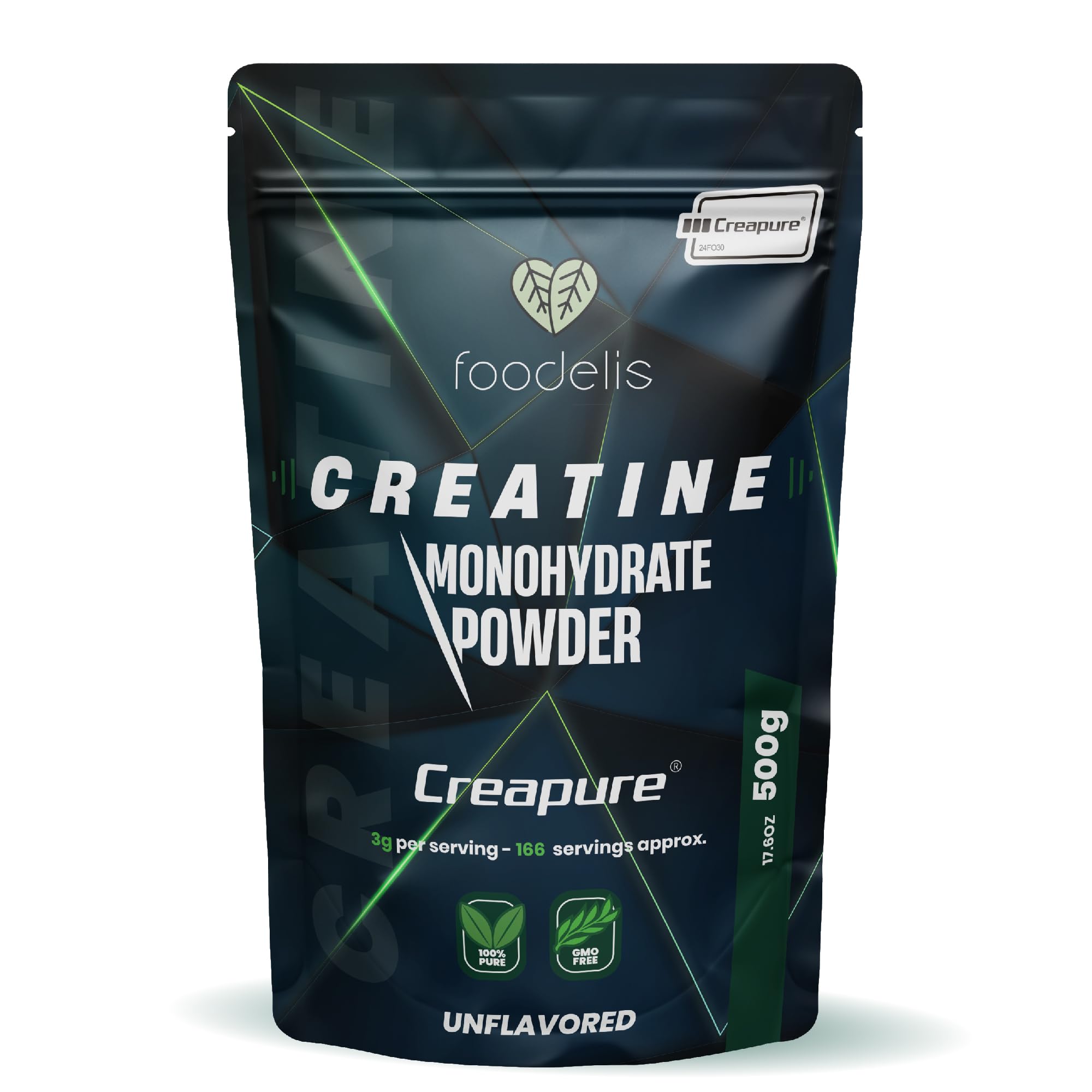 Foodelis Creatina creapure 500g en polvo - 100% creatina monohidratada creapure - Sin sabor, No-GMO, Pura sin aditivos -Incluye dosificador - Alta solubilidad