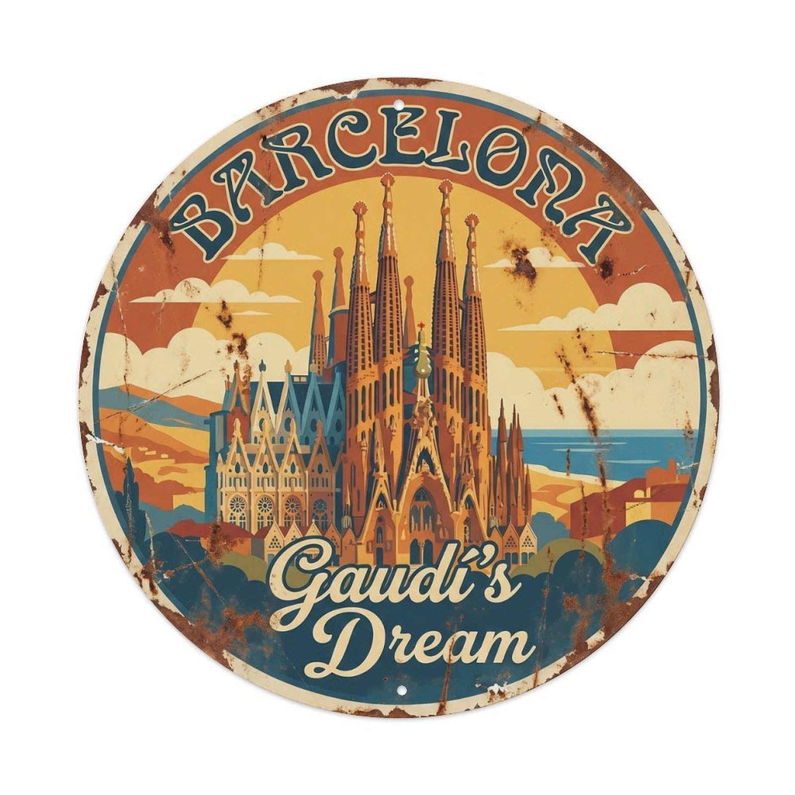 Vintage Travel Barcelona Sagrada Familia 2 Metal Tin Sign Plaque Wall Decor for Cafe, Club, Garden Round Metal Poster 8x8Inch