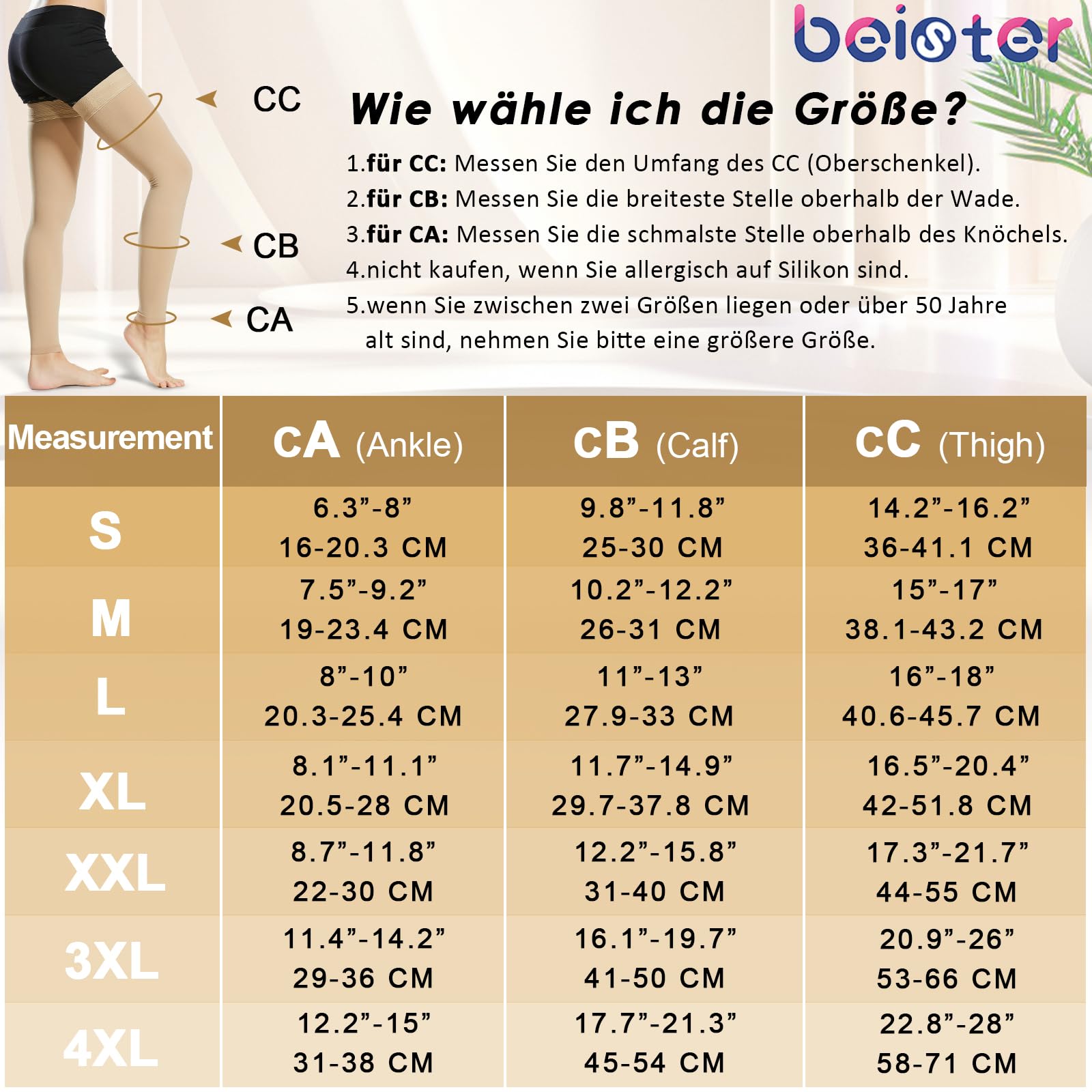 beister Chaussettes de compression médicales 15-20 mmHg pour homme et femme - Chaussettes de compression sans pied avec bande en silicone - Bas de contention longue classe 1 pour varices, DVT, vol,